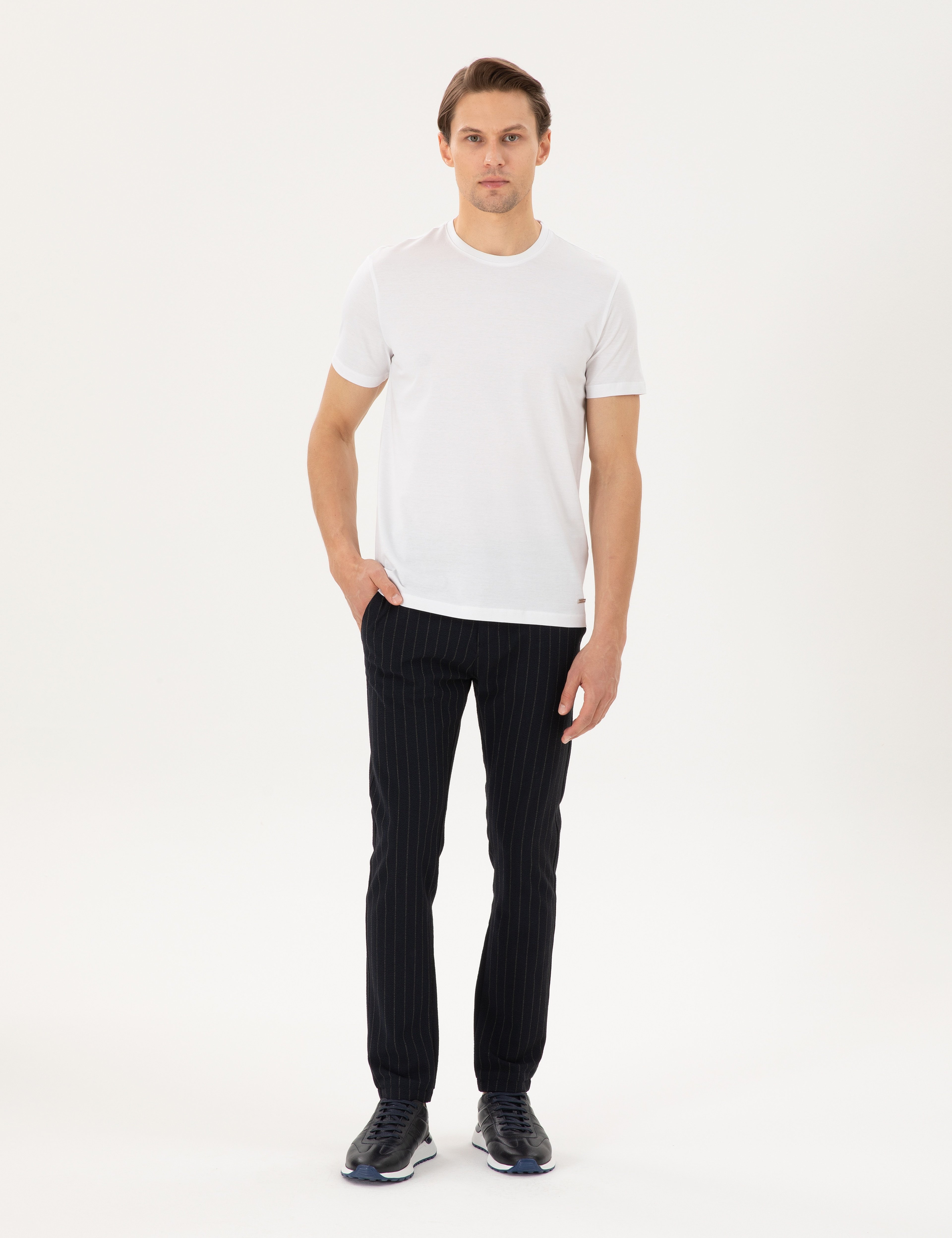 Lacivert Slim Fit Çizgili Kanvas Pantolon - Image 1