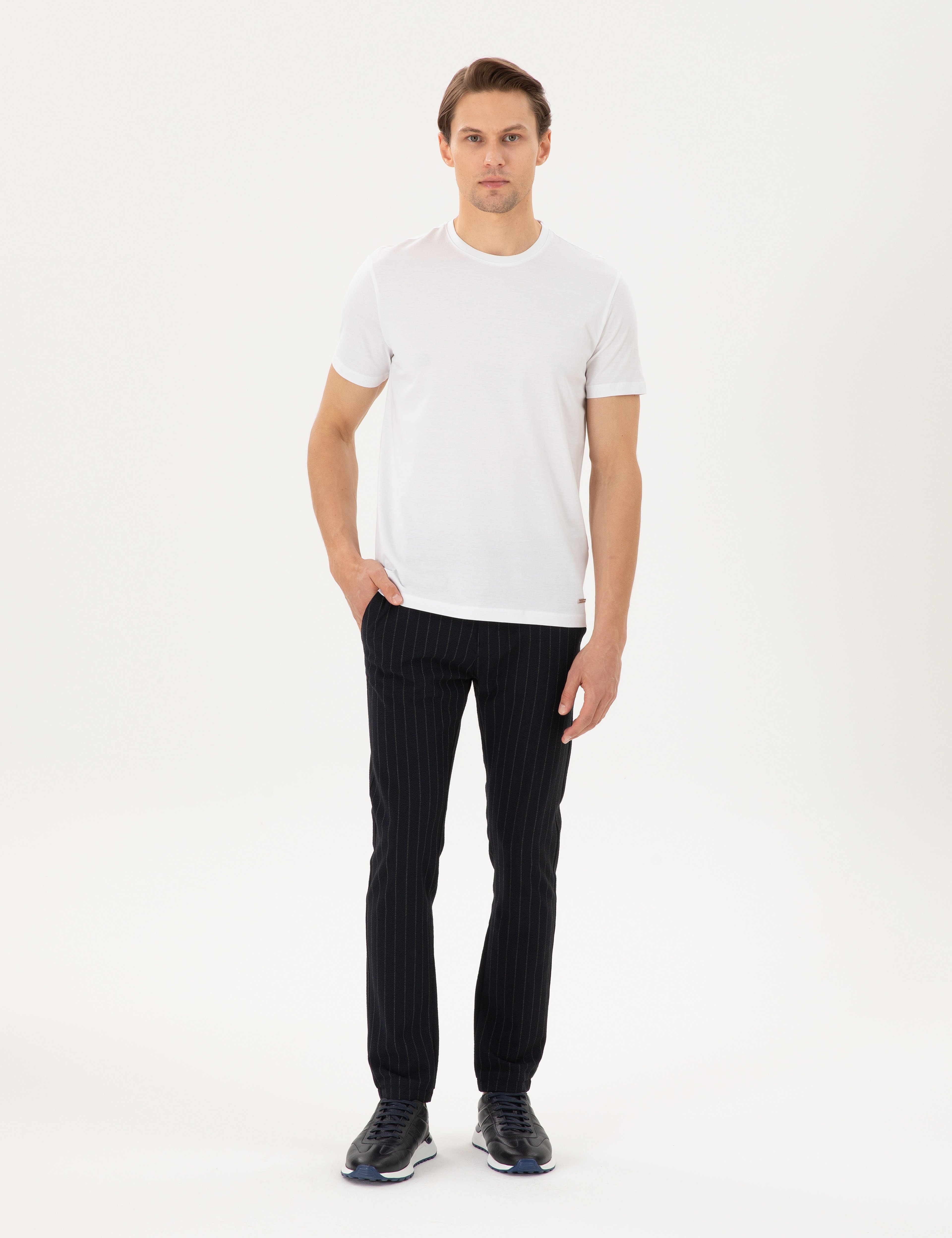 Lacivert Slim Fit Çizgili Kanvas Pantolon