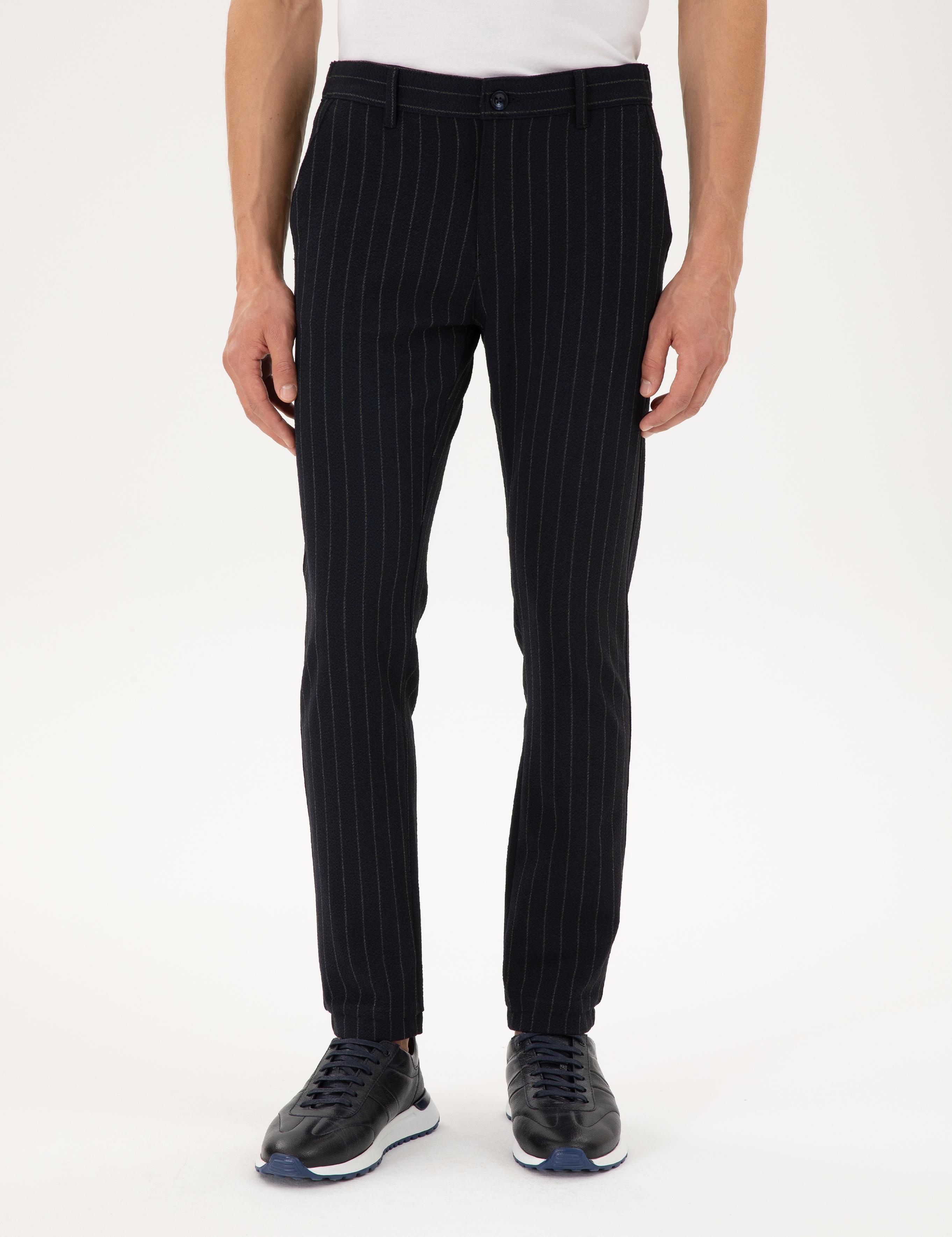 Lacivert Slim Fit Çizgili Kanvas Pantolon