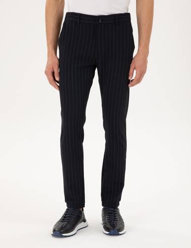 Lacivert Slim Fit Çizgili Kanvas Pantolon