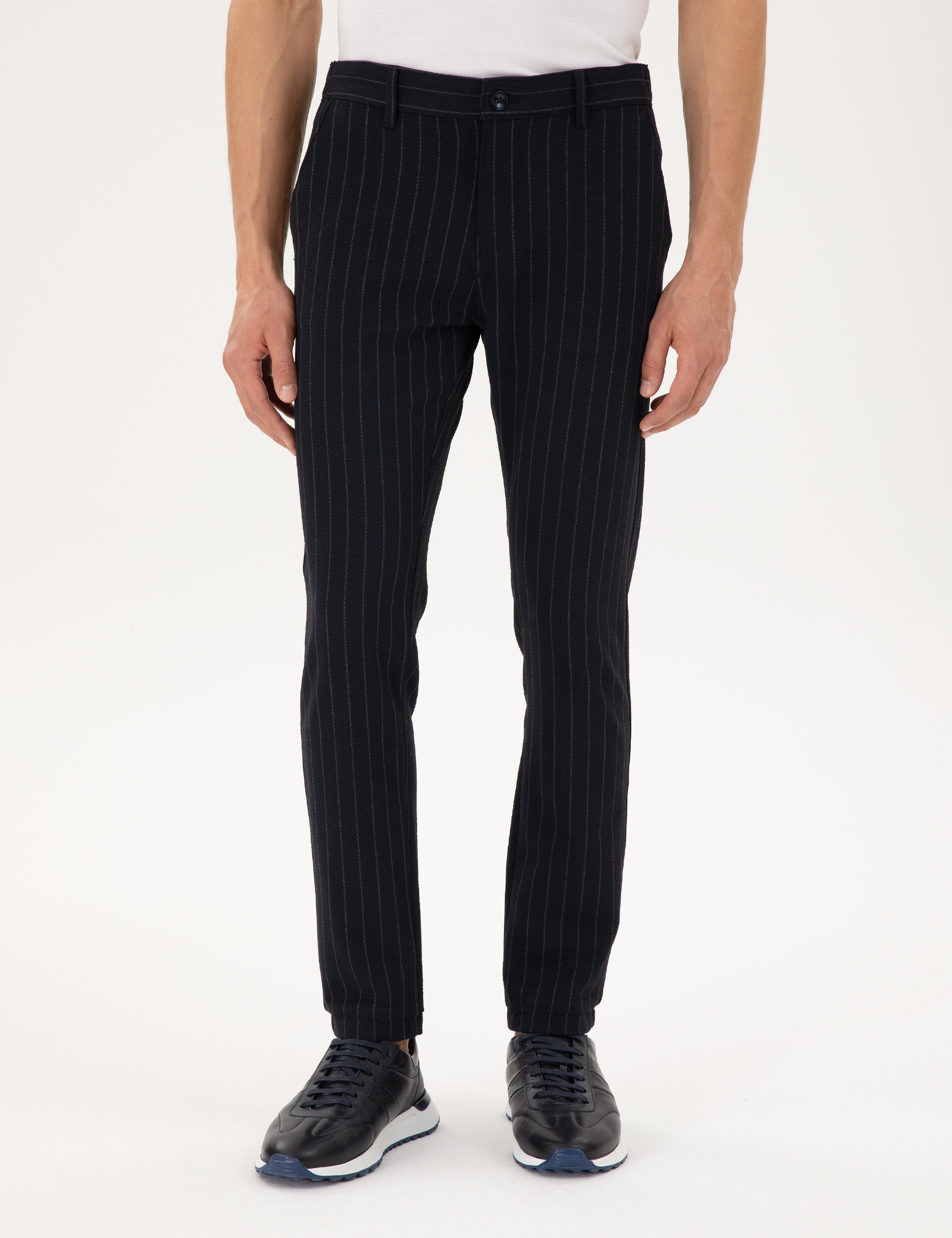 Lacivert Slim Fit Çizgili Kanvas Pantolon - Image 2