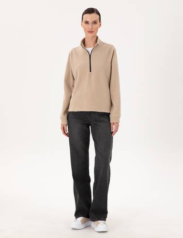 Bej Comfort Fit Fermuarlı Polar Sweatshirt