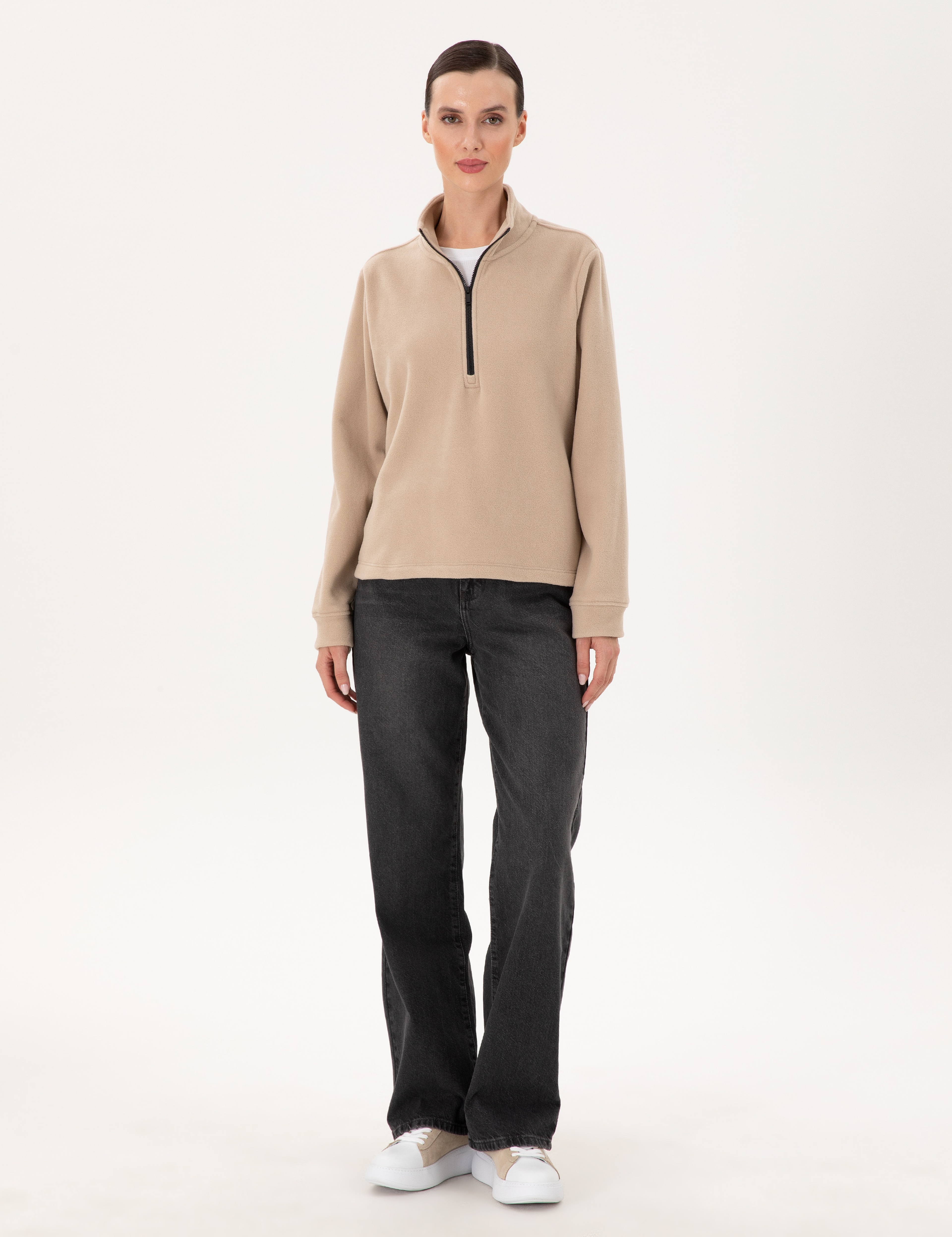 Bej Comfort Fit Fermuarlı Polar Sweatshirt - Image 4