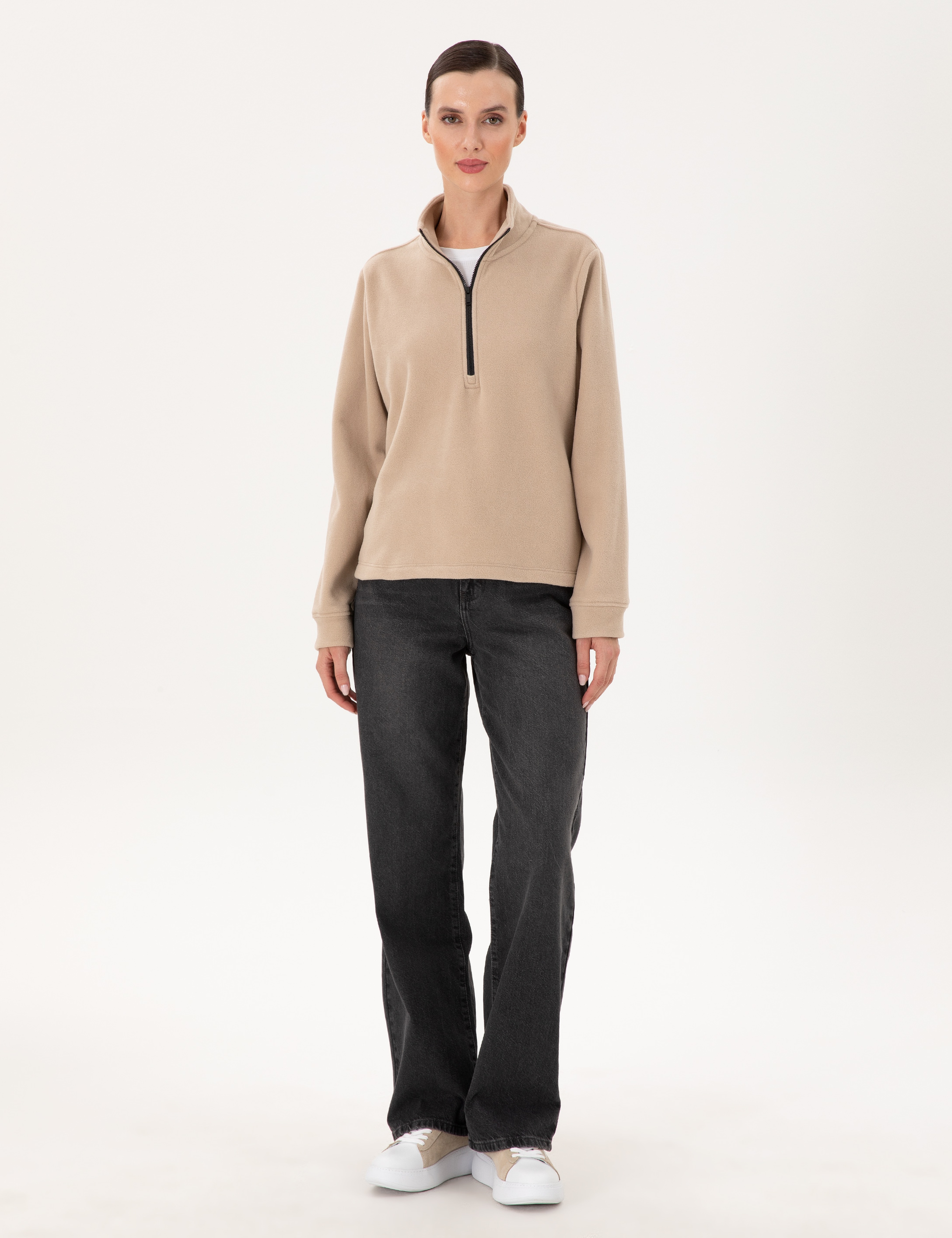 Bej Comfort Fit Fermuarlı Polar Sweatshirt