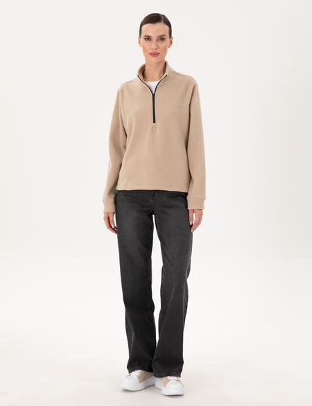 Bej Comfort Fit Fermuarlı Polar Sweatshirt - 50300846003