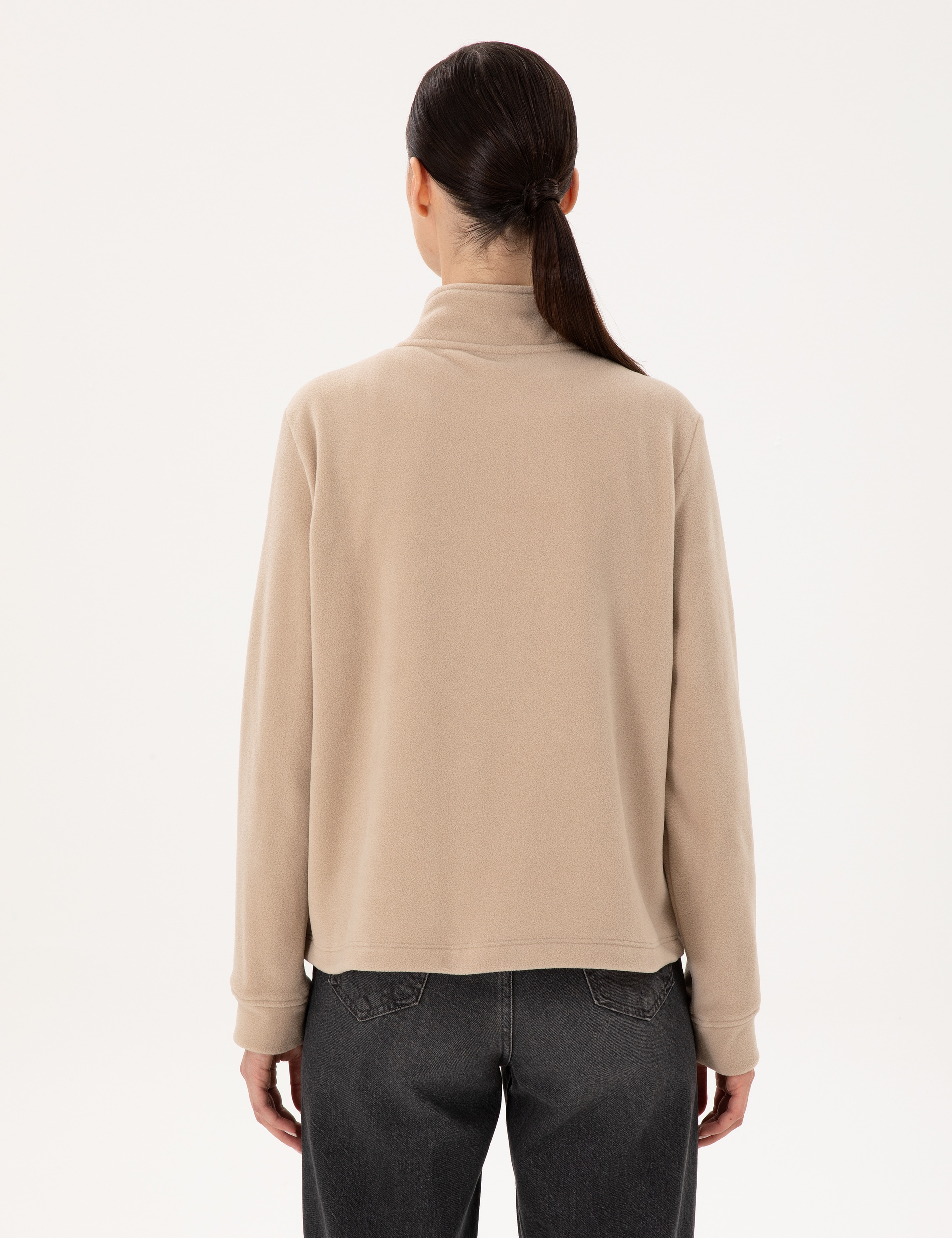 Bej Comfort Fit Fermuarlı Polar Sweatshirt - Image 5
