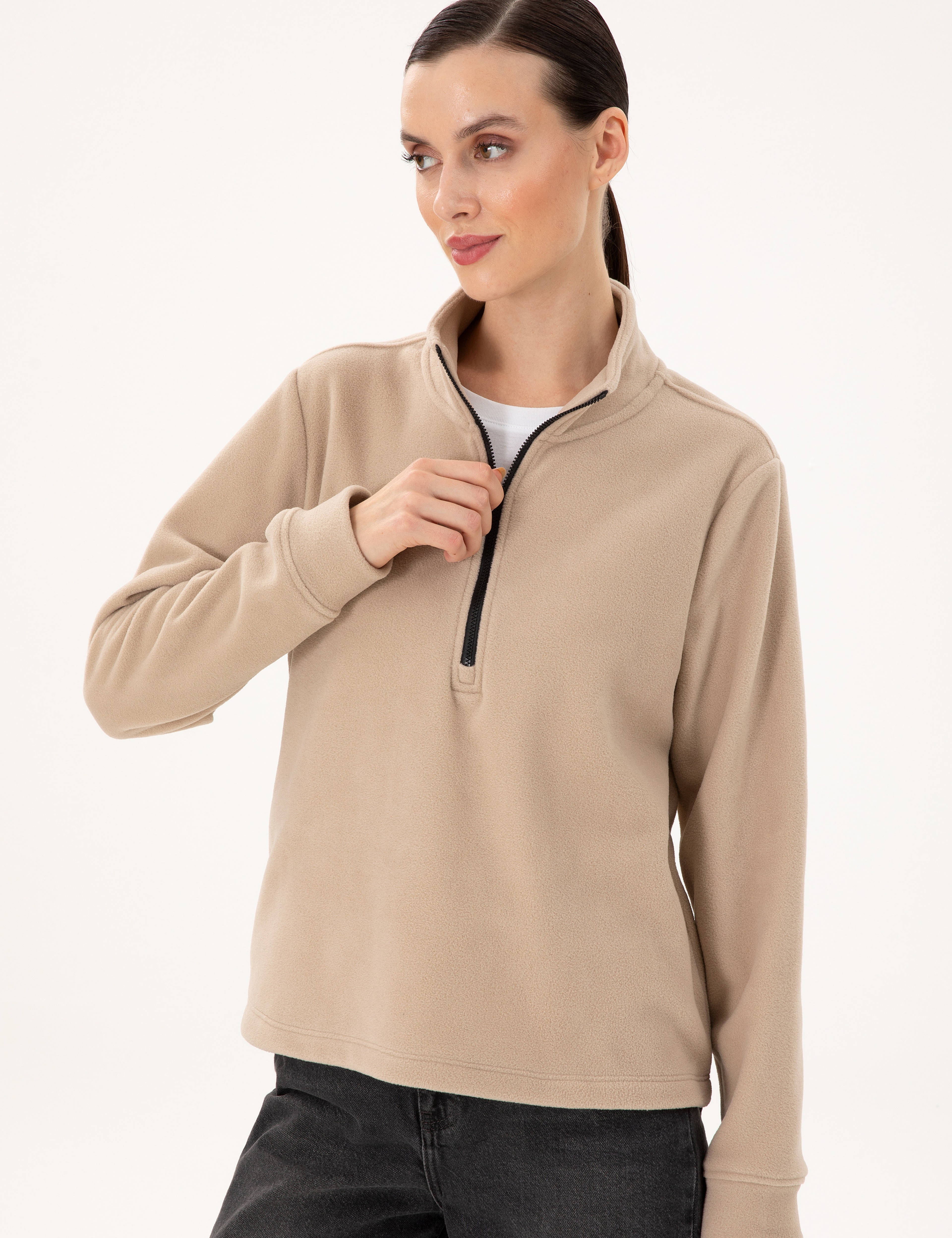 Bej Comfort Fit Fermuarlı Polar Sweatshirt - Image 3