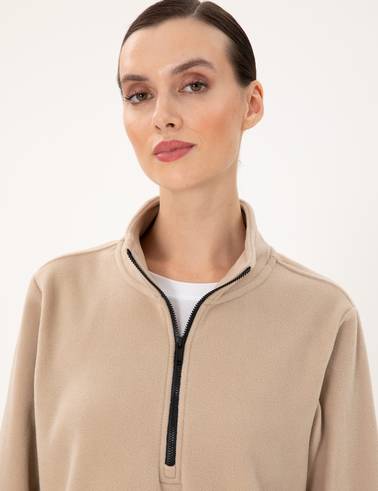 Bej Comfort Fit Fermuarlı Polar Sweatshirt