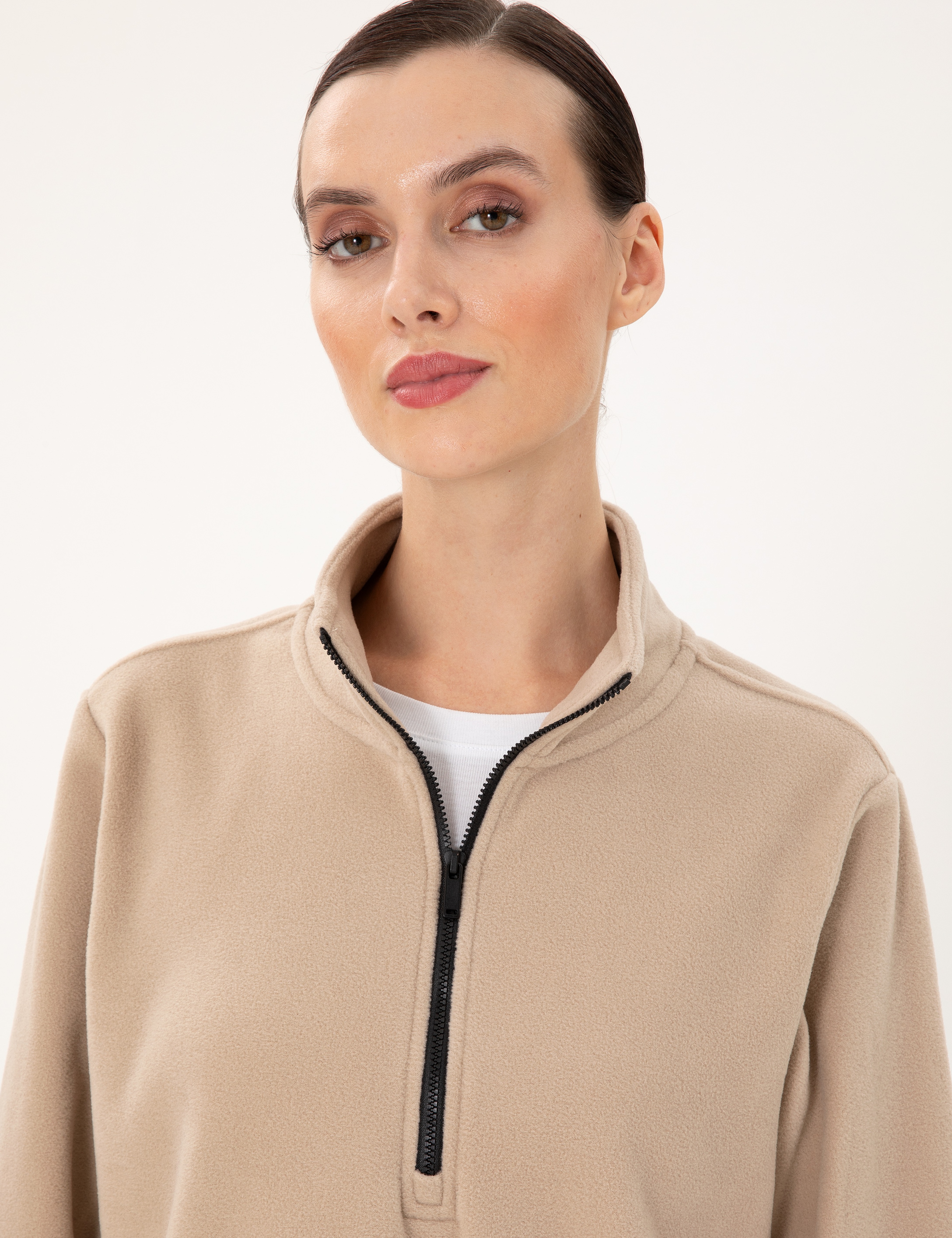 Bej Comfort Fit Fermuarlı Polar Sweatshirt