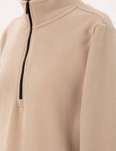Bej Comfort Fit Fermuarlı Polar Sweatshirt
