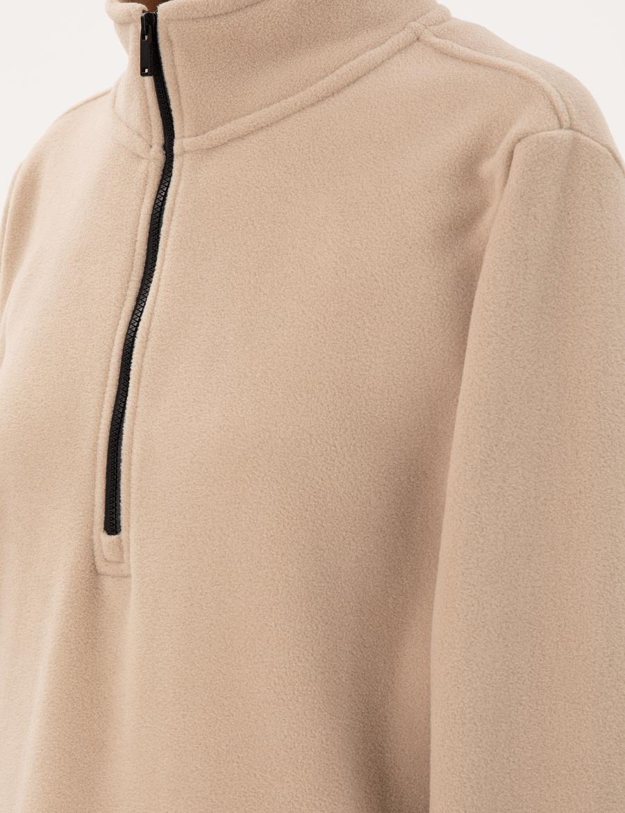 Bej Comfort Fit Fermuarlı Polar Sweatshirt