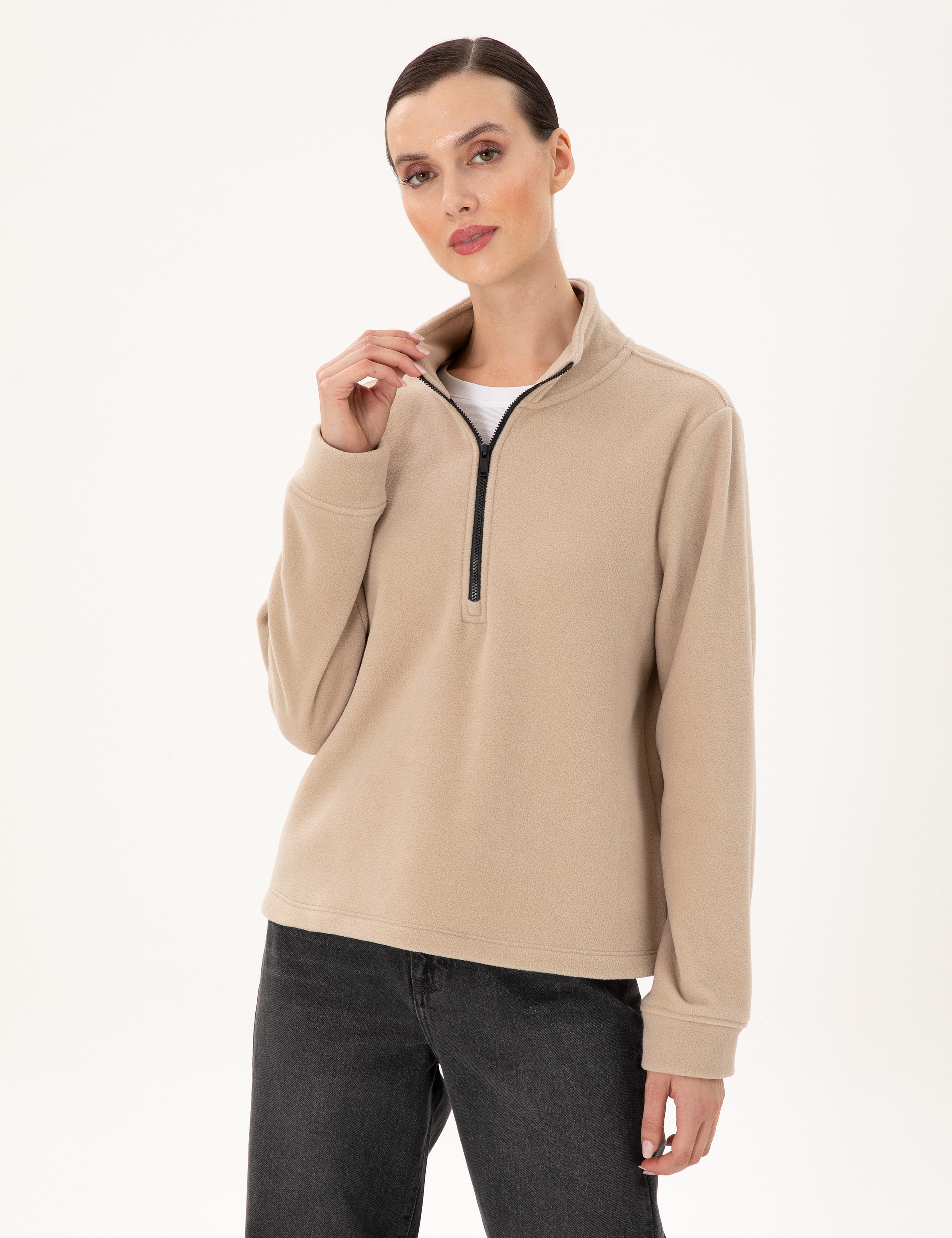 Bej Comfort Fit Fermuarlı Polar Sweatshirt - Image 1