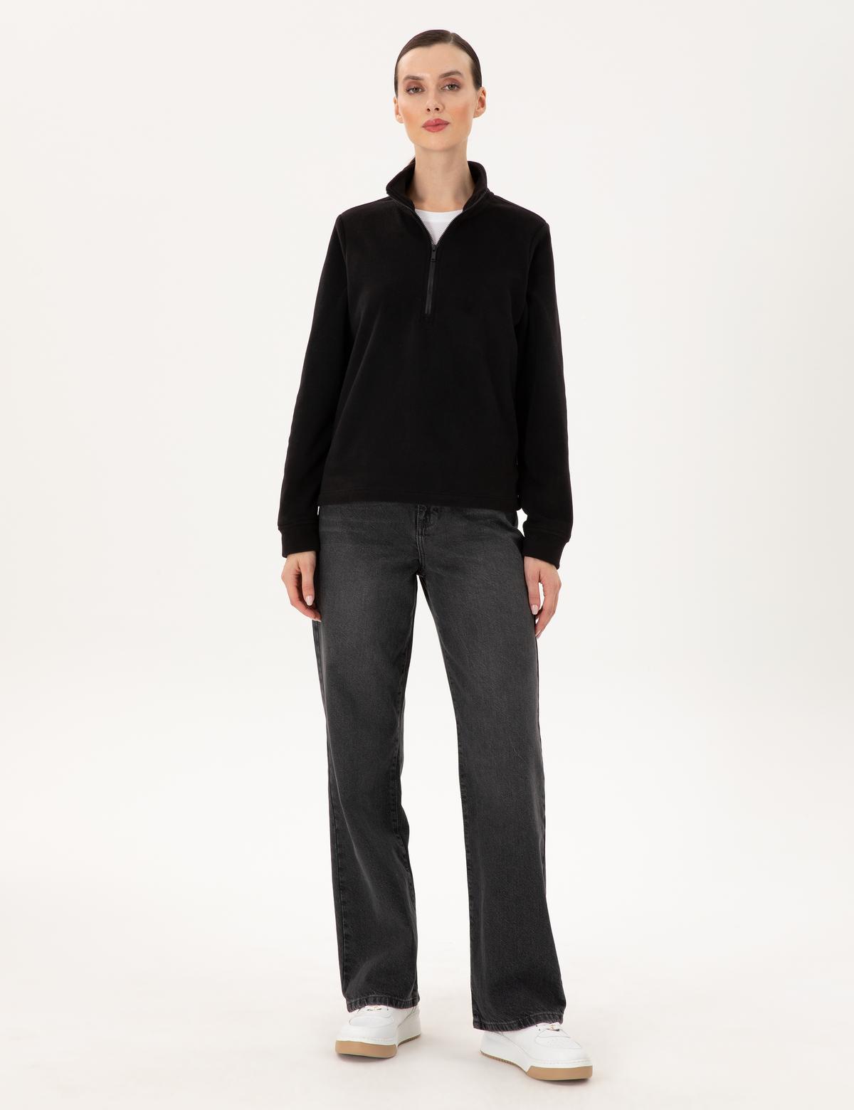 Siyah Comfort Fit Fermuarlı Polar Sweatshirt - 50300846021