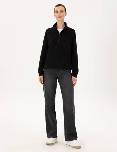 Siyah Comfort Fit Fermuarlı Polar Sweatshirt