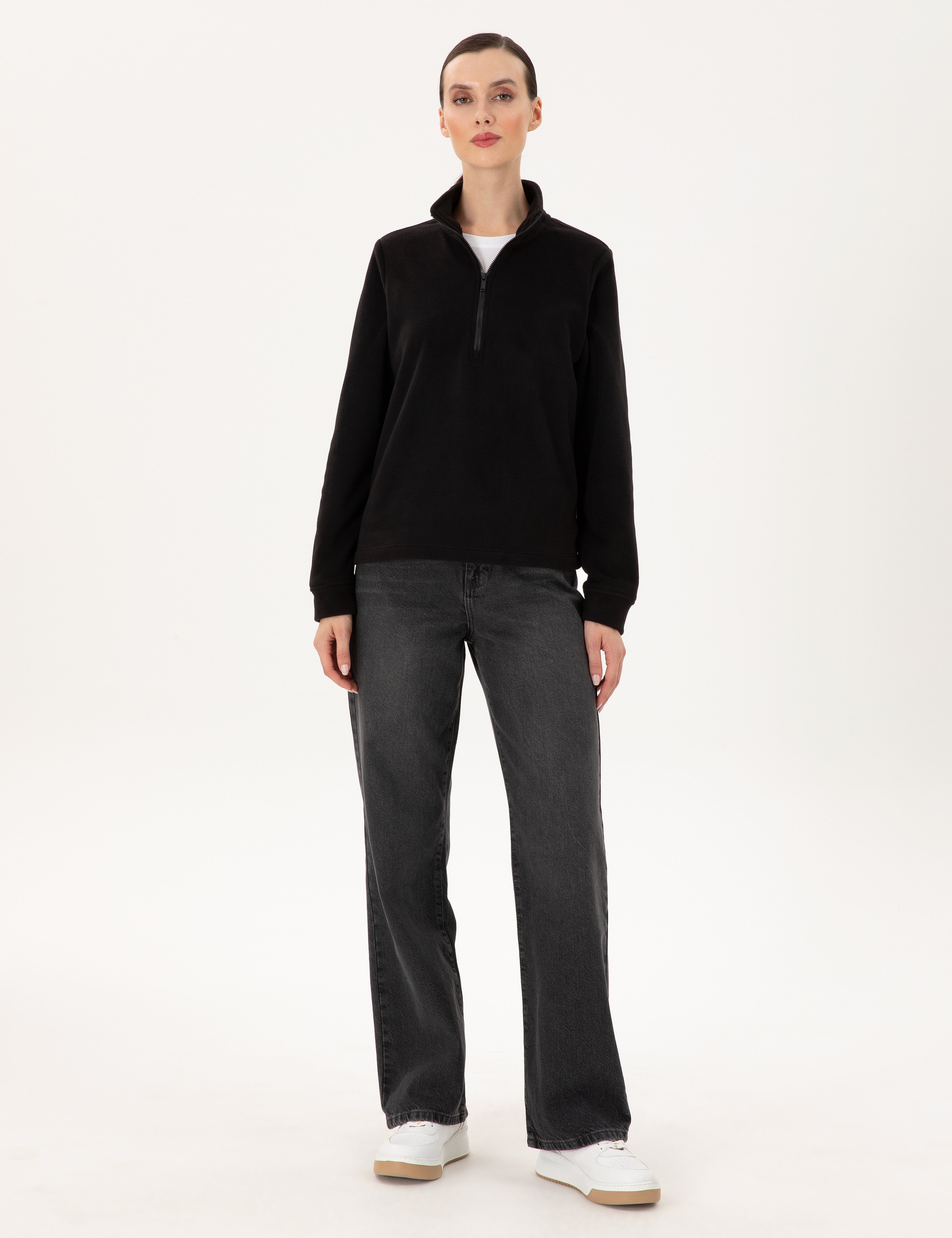 Siyah Comfort Fit Fermuarlı Polar Sweatshirt - Image 4