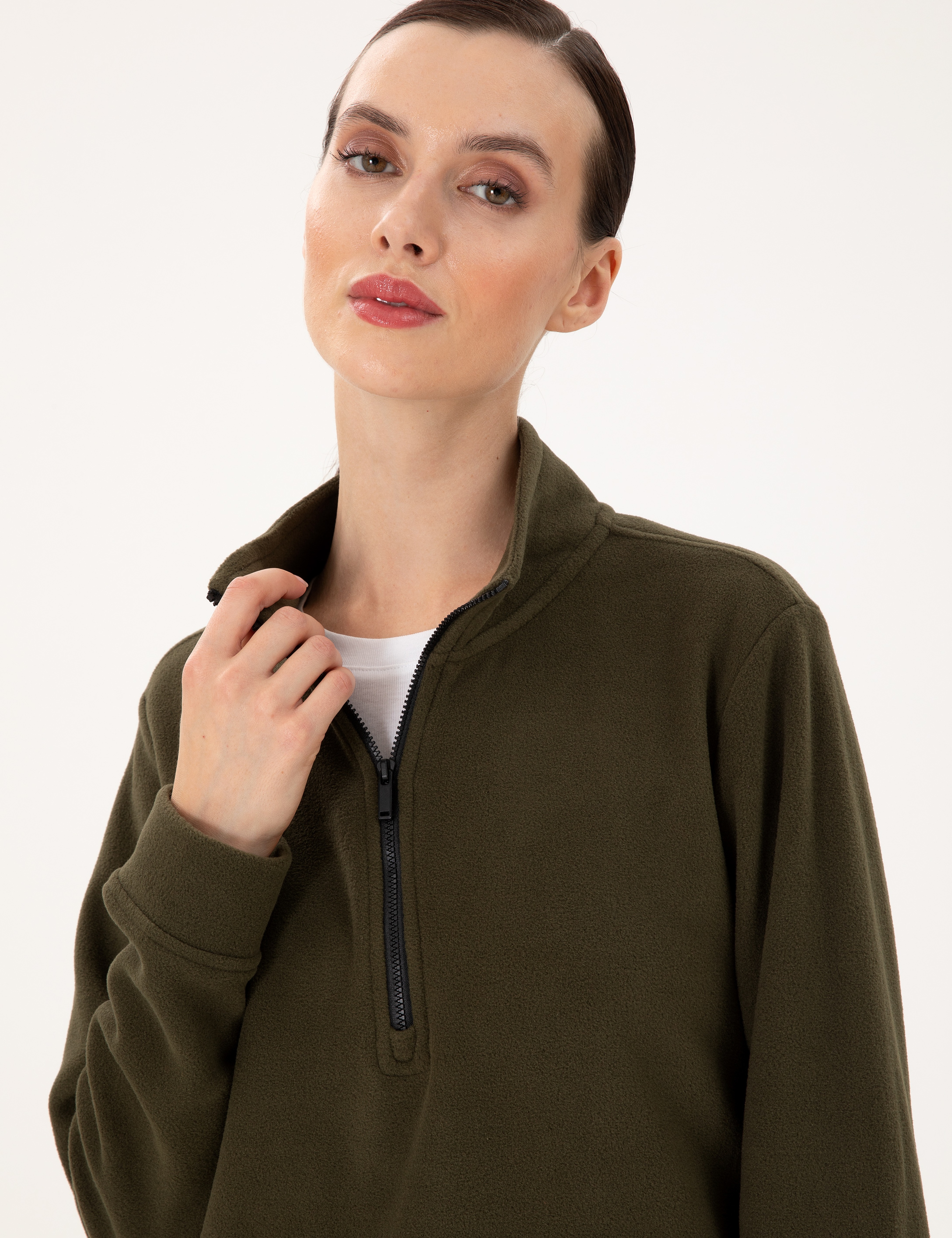Haki Comfort Fit Fermuarlı Polar Sweatshirt