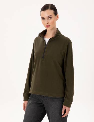 Haki Comfort Fit Fermuarlı Polar Sweatshirt