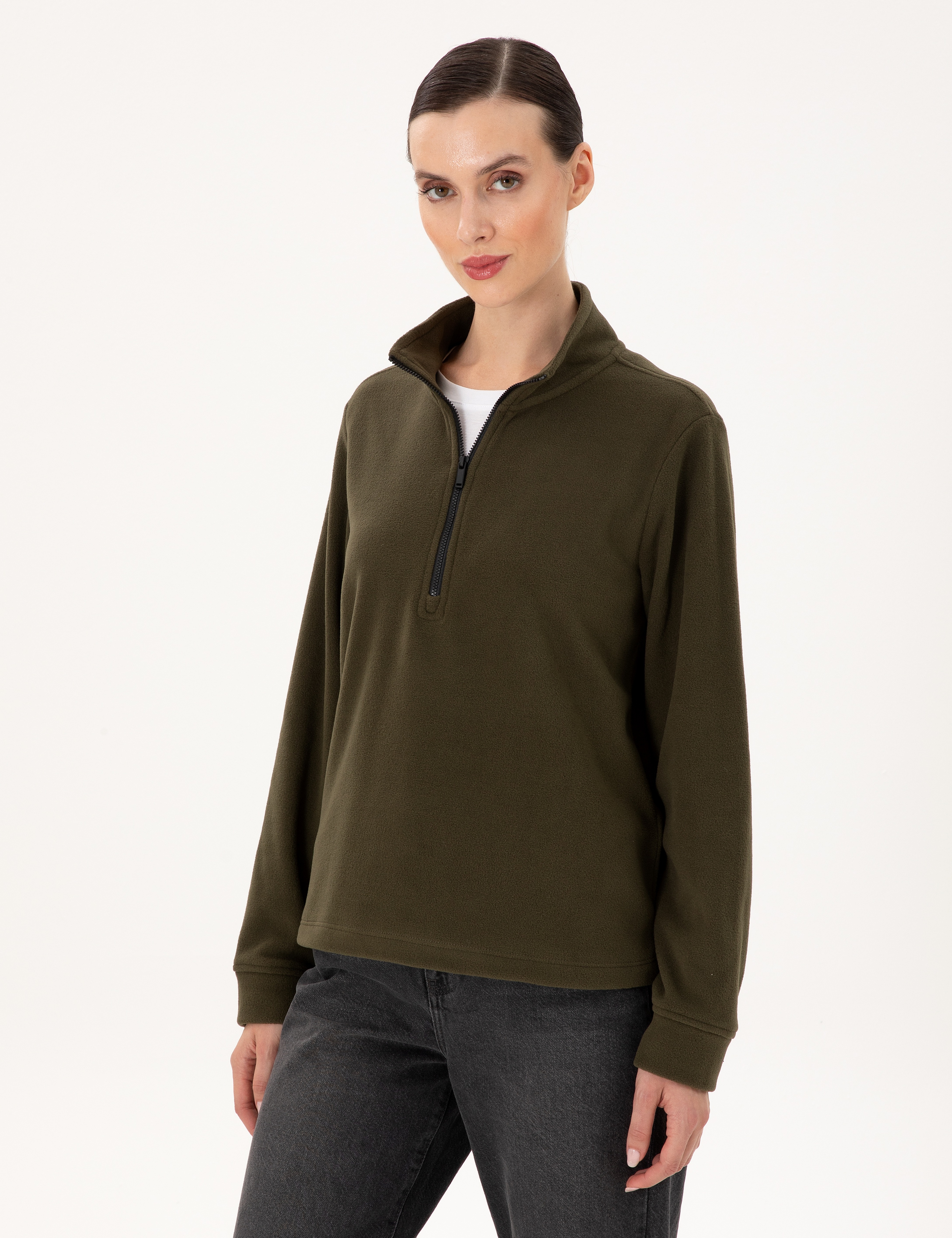 Haki Comfort Fit Fermuarlı Polar Sweatshirt - Image 1
