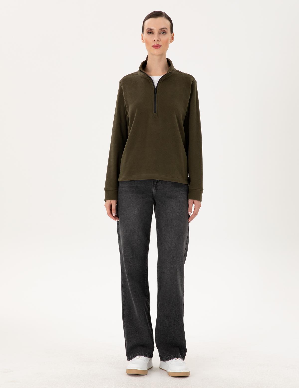 Haki Comfort Fit Fermuarlı Polar Sweatshirt - 50300846048