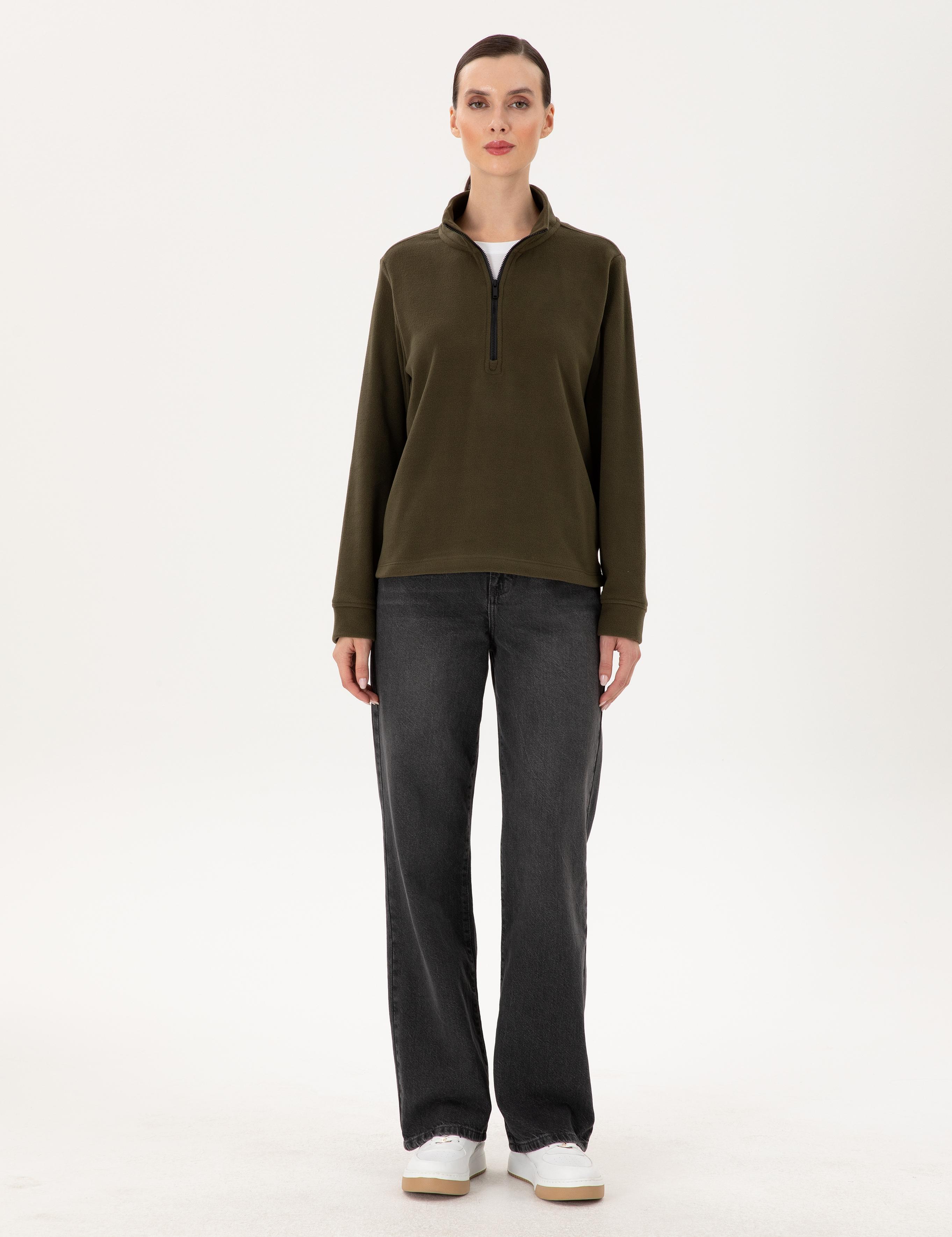 Haki Comfort Fit Fermuarlı Polar Sweatshirt