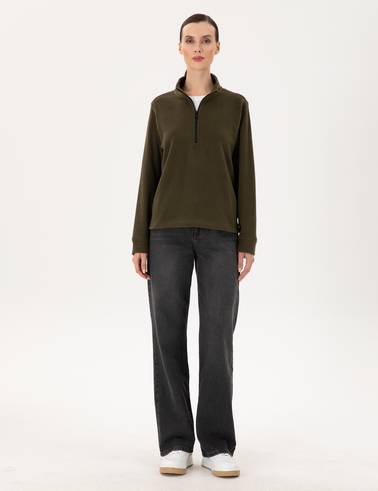 Haki Comfort Fit Fermuarlı Polar Sweatshirt