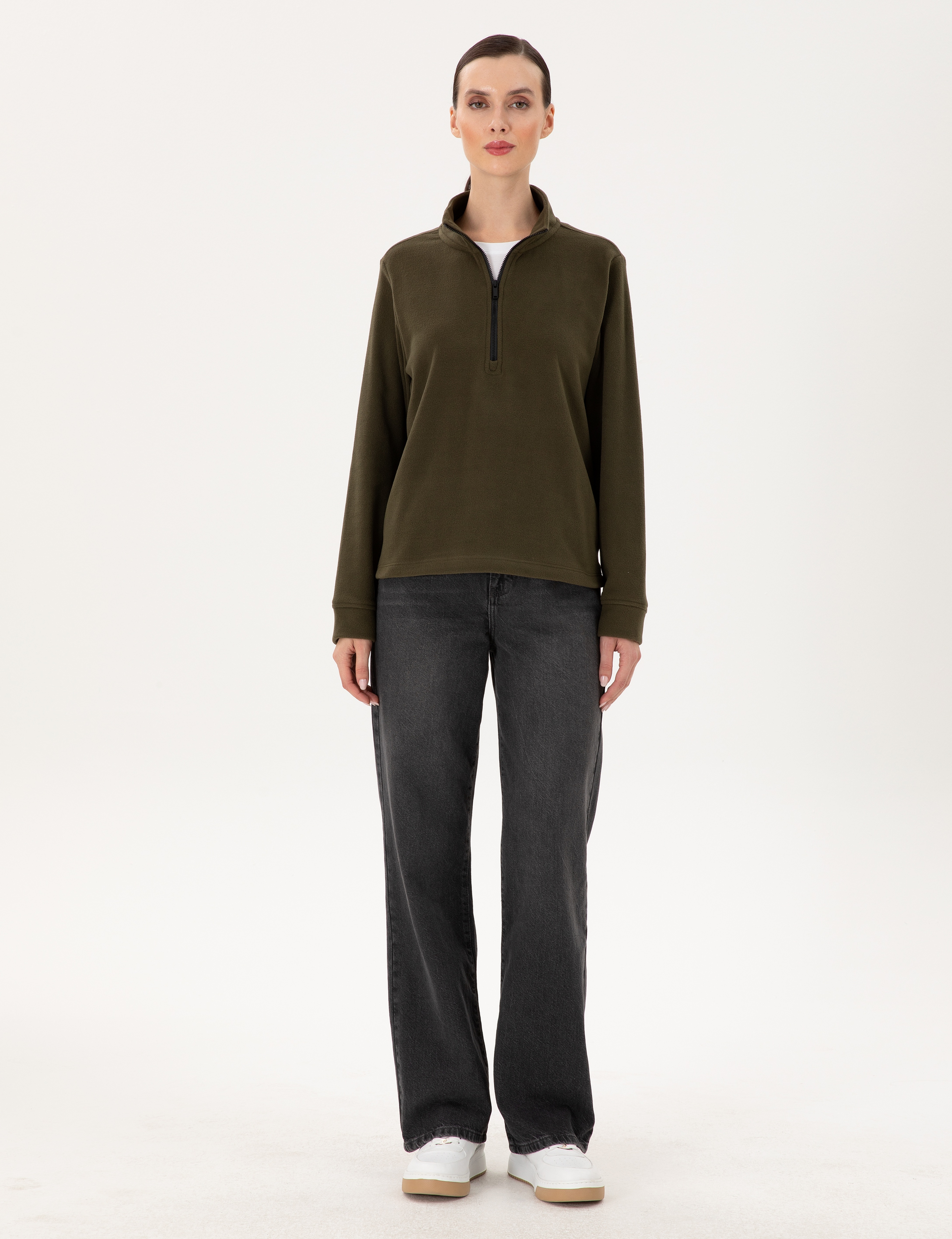 Haki Comfort Fit Fermuarlı Polar Sweatshirt