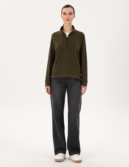 Haki Comfort Fit Fermuarlı Polar Sweatshirt - 50300846048