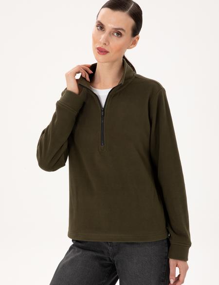 Haki Comfort Fit Fermuarlı Polar Sweatshirt - 50300846048
