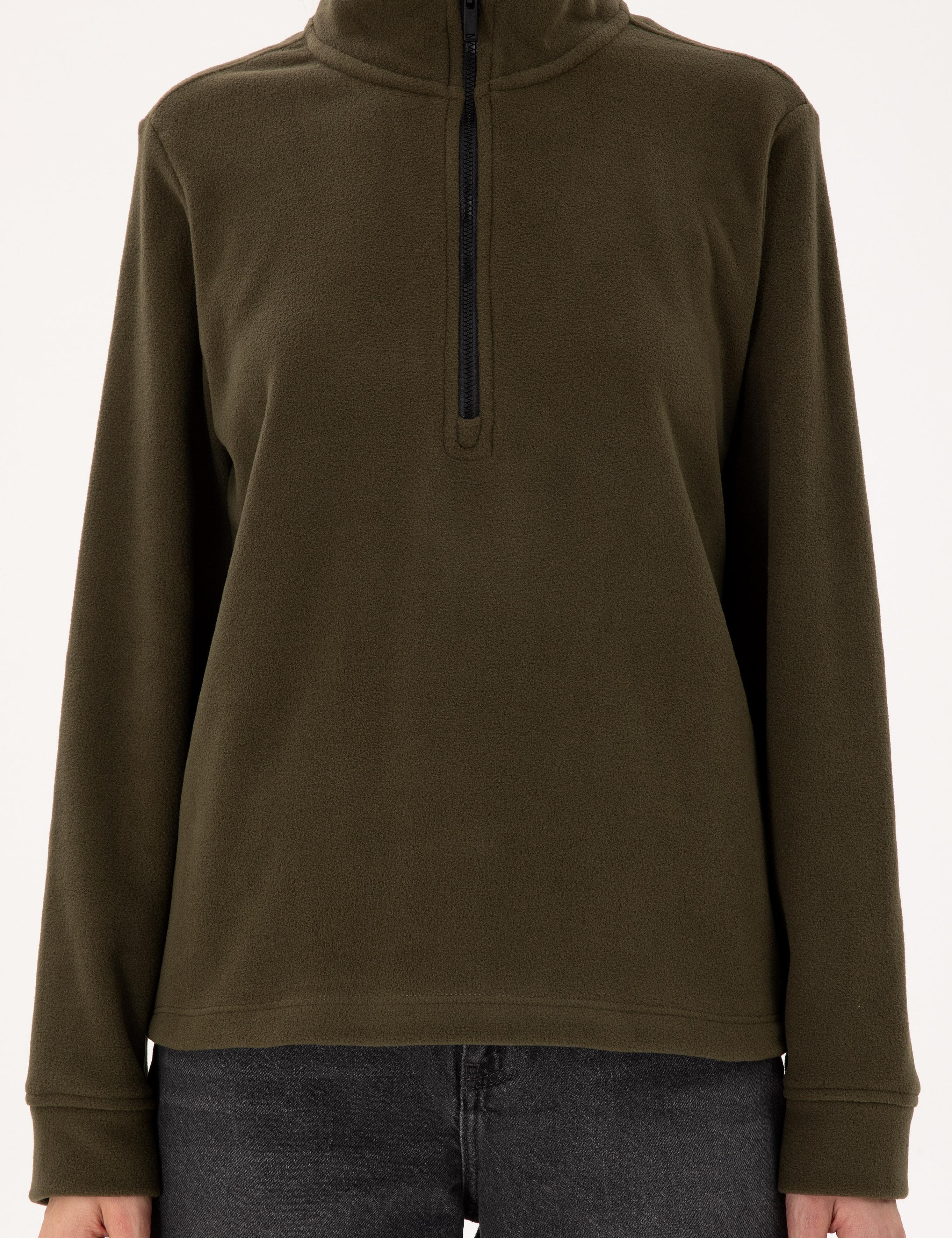 Haki Comfort Fit Fermuarlı Polar Sweatshirt