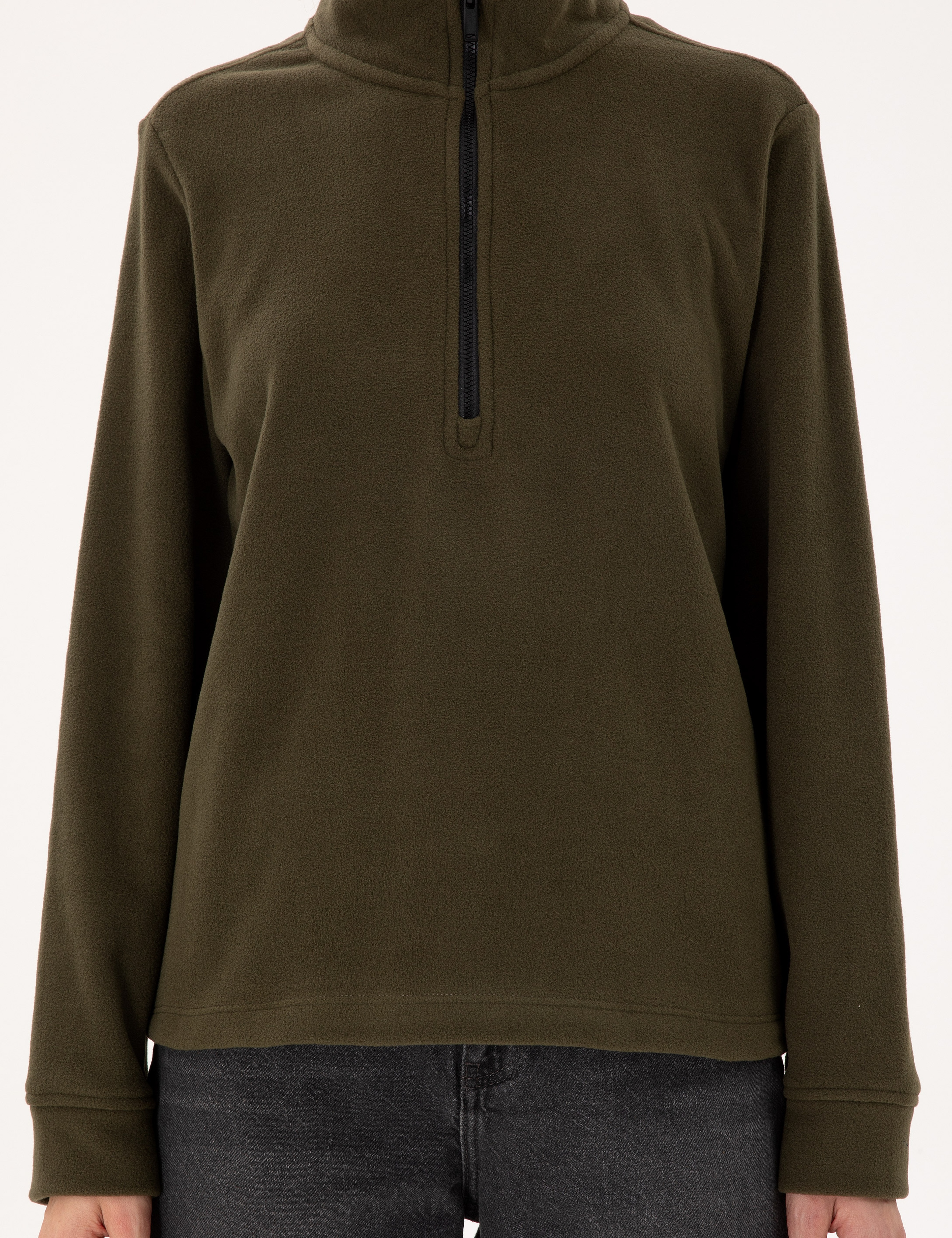 Haki Comfort Fit Fermuarlı Polar Sweatshirt