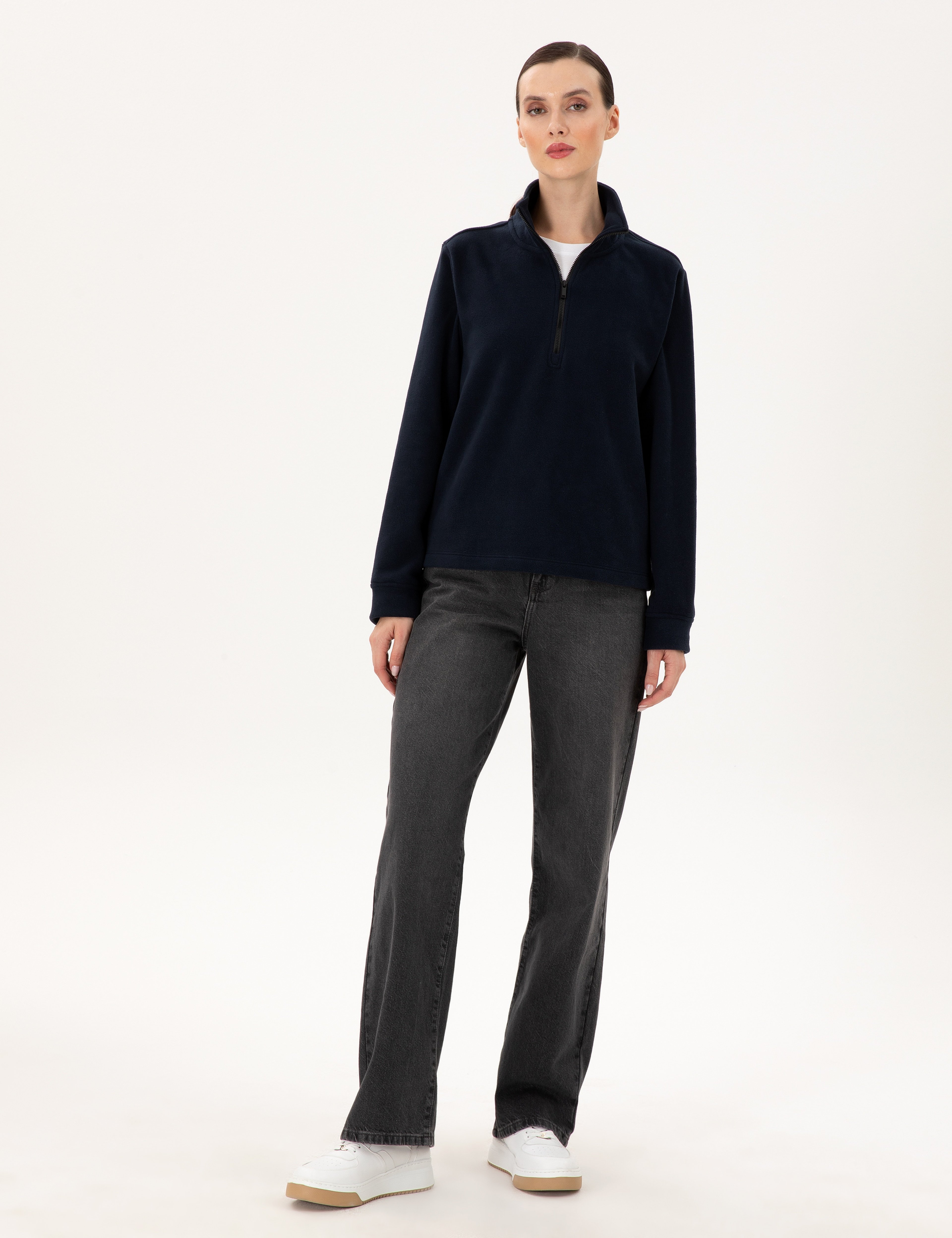 Lacivert Comfort Fit Fermuarlı Polar Sweatshirt - Image 4