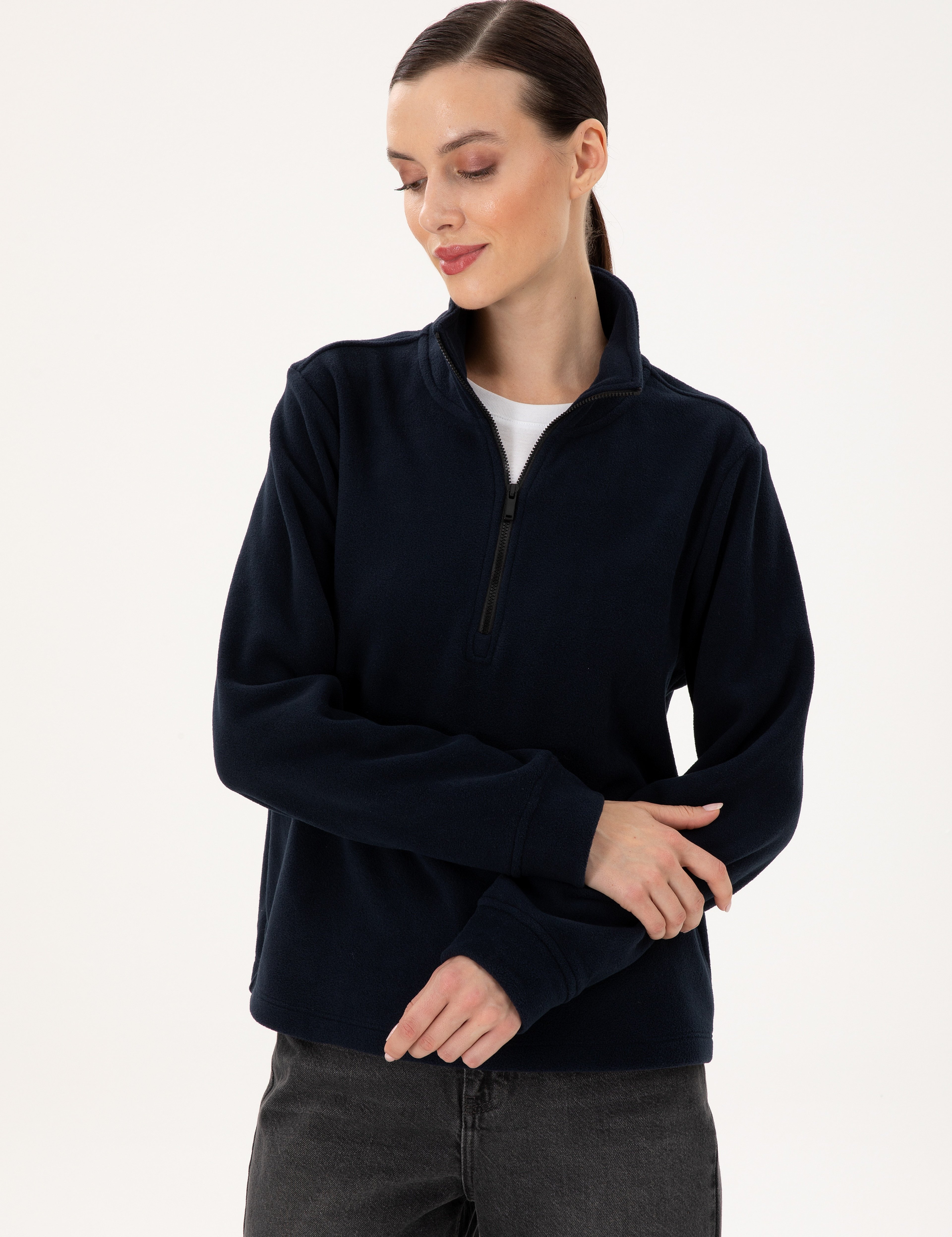 Lacivert Comfort Fit Fermuarlı Polar Sweatshirt - Image 3