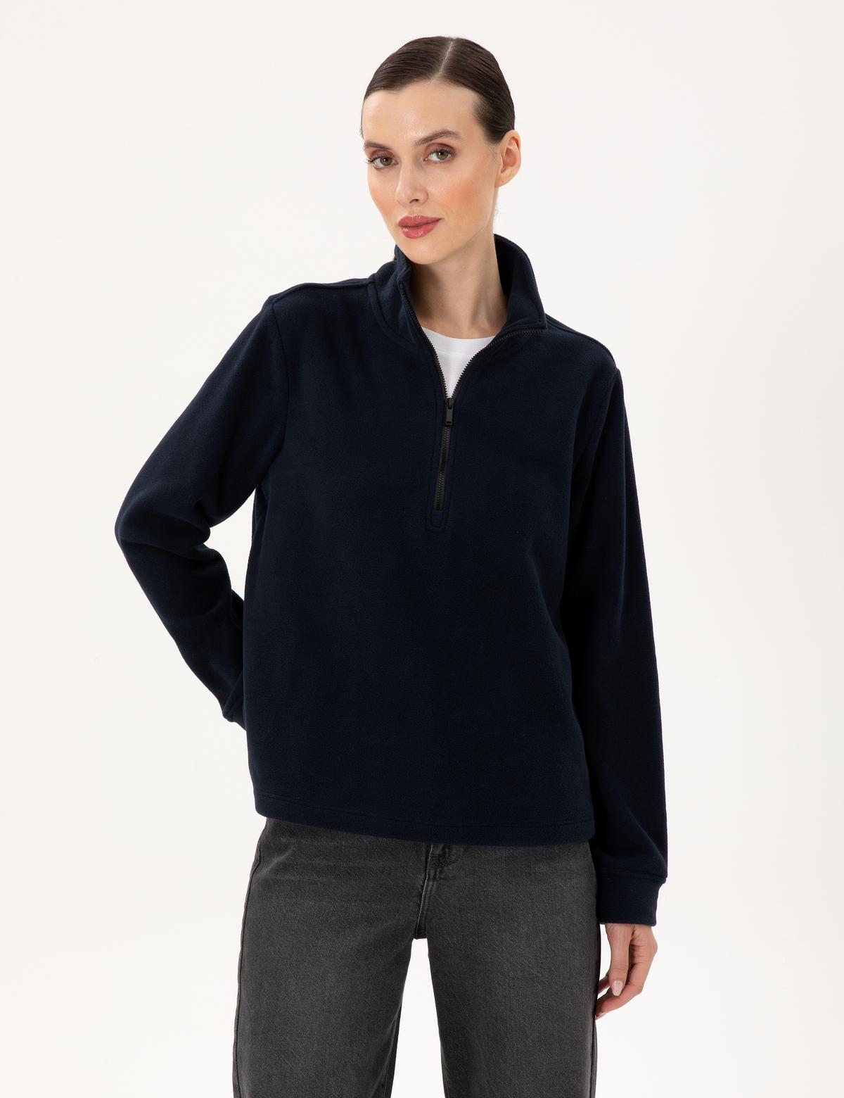 Lacivert Comfort Fit Fermuarlı Polar Sweatshirt