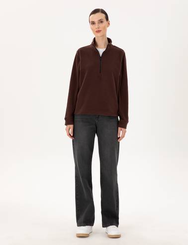 Kahverengi Comfort Fit Fermuarlı Polar Sweatshirt