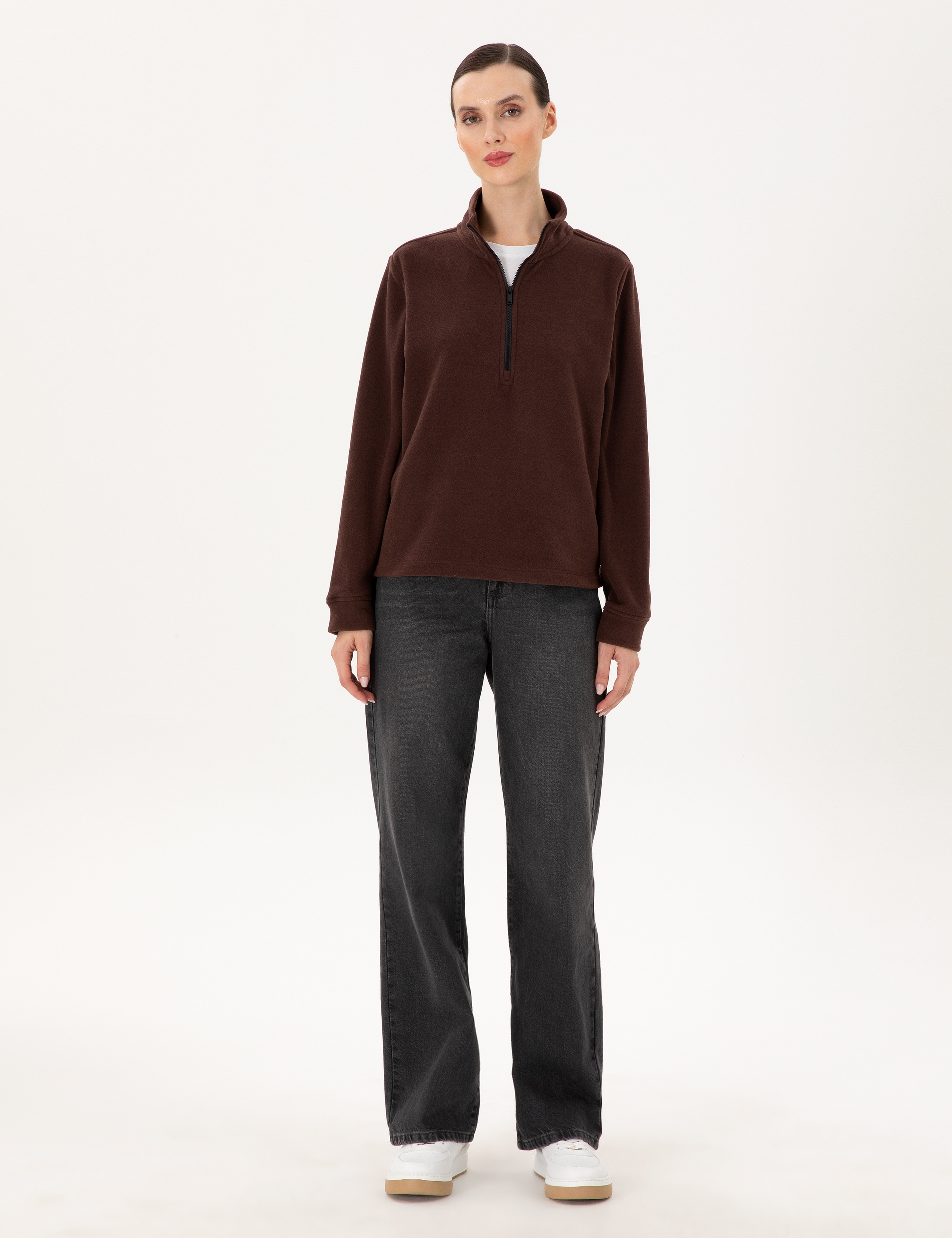 Kahverengi Comfort Fit Fermuarlı Polar Sweatshirt - Image 4
