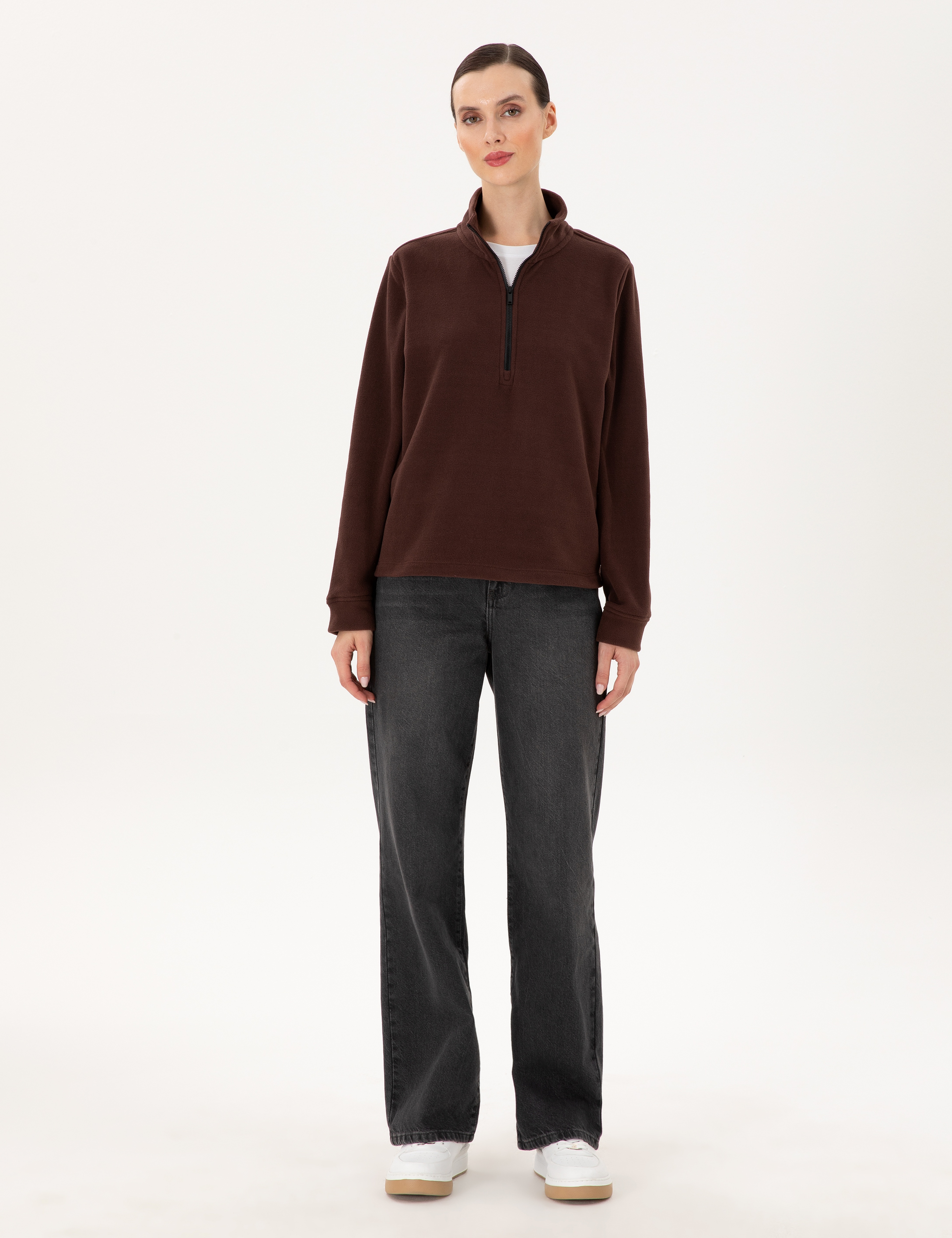 Kahverengi Comfort Fit Fermuarlı Polar Sweatshirt