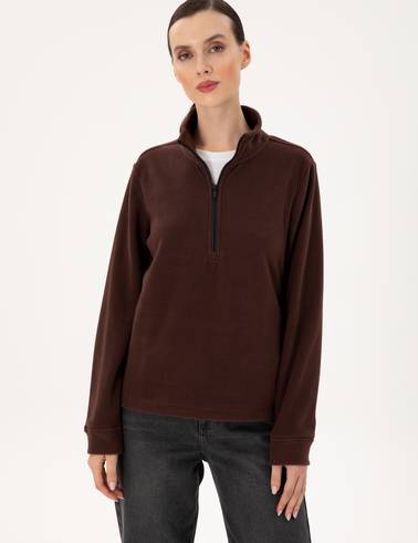 Kahverengi Comfort Fit Fermuarlı Polar Sweatshirt