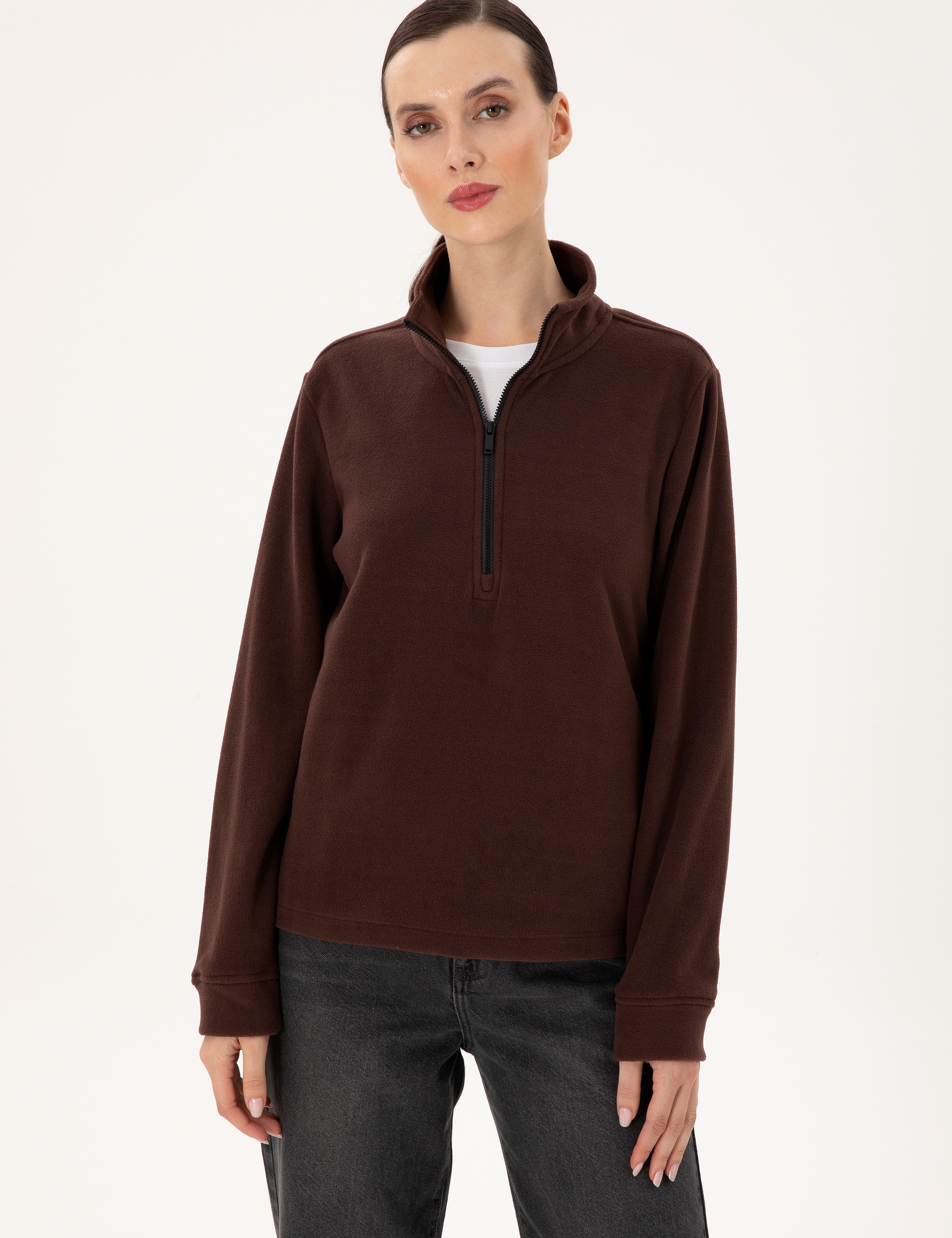 Kahverengi Comfort Fit Fermuarlı Polar Sweatshirt - Image 3
