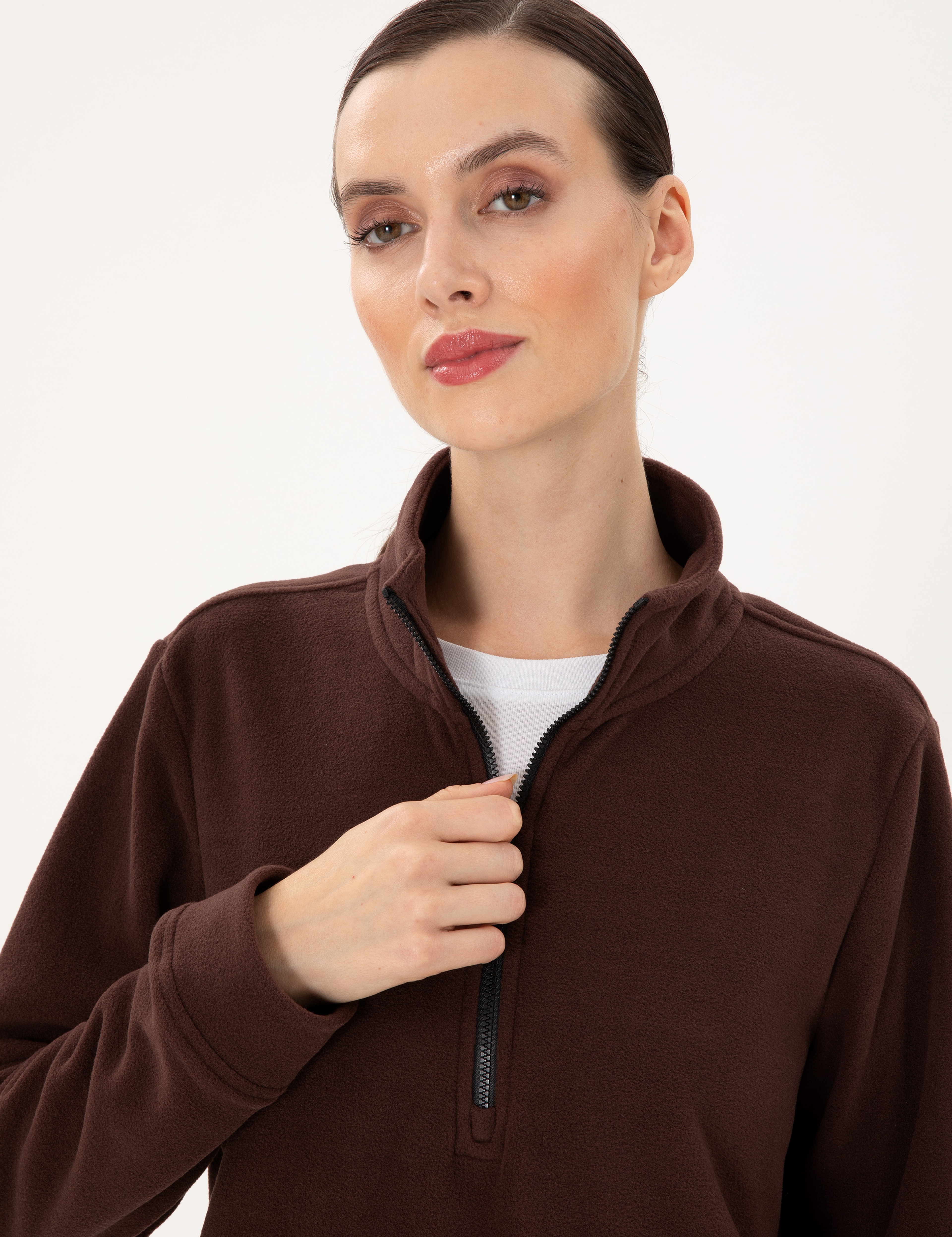Kahverengi Comfort Fit Fermuarlı Polar Sweatshirt - Image 2
