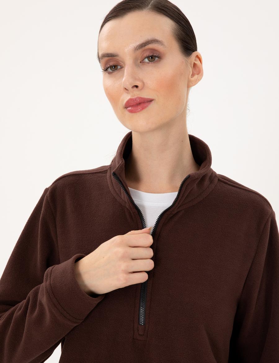 Kahverengi Comfort Fit Fermuarlı Polar Sweatshirt