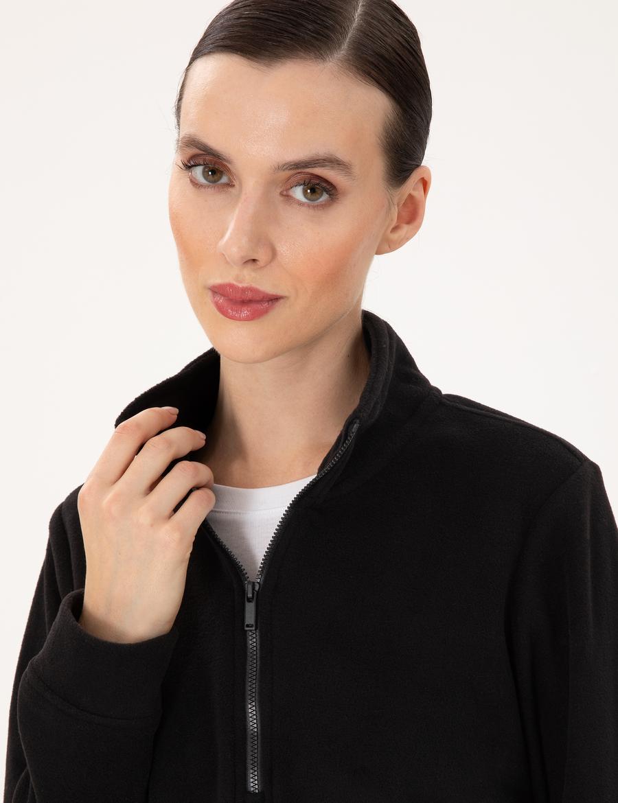 Siyah Comfort Fit Fermuarlı Polar Sweatshirt