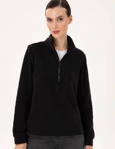 Siyah Comfort Fit Fermuarlı Polar Sweatshirt