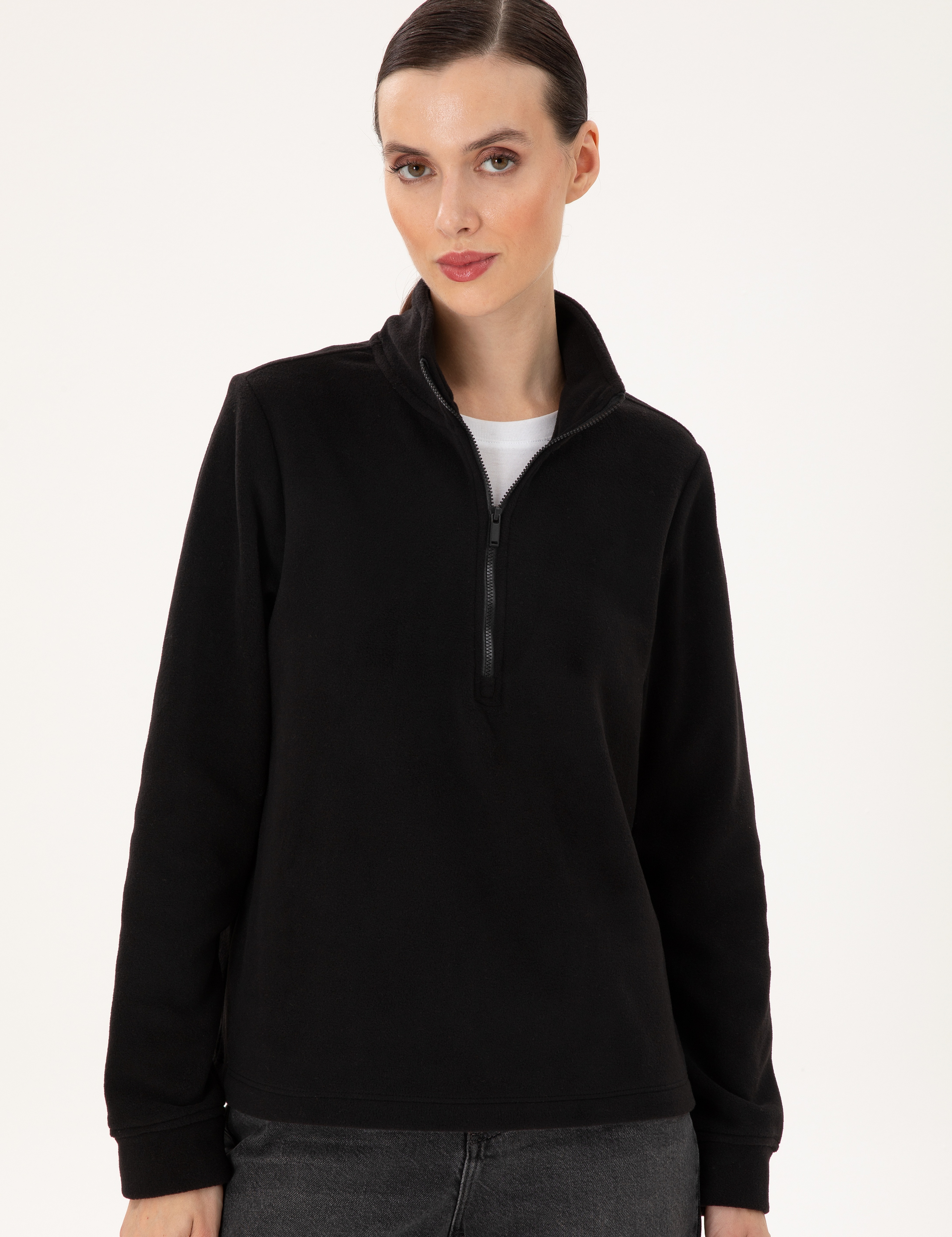 Siyah Comfort Fit Fermuarlı Polar Sweatshirt - Image 3