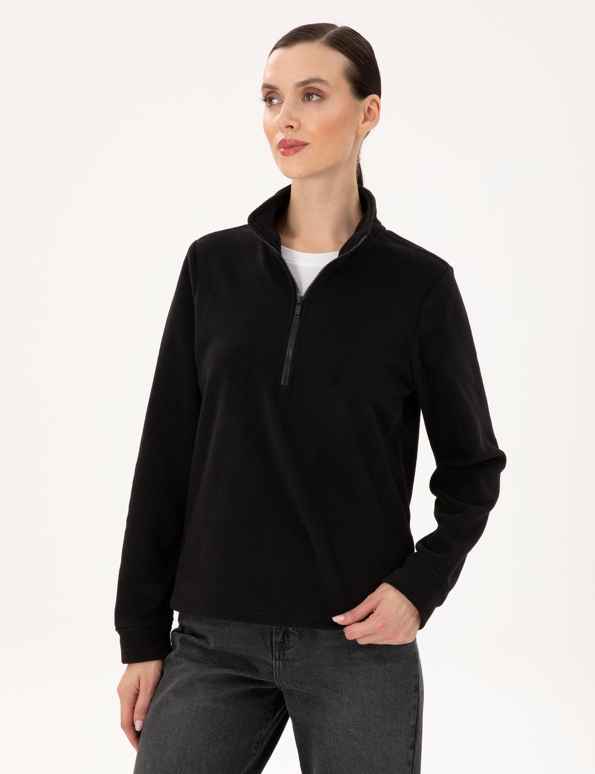 Siyah Comfort Fit Fermuarlı Polar Sweatshirt