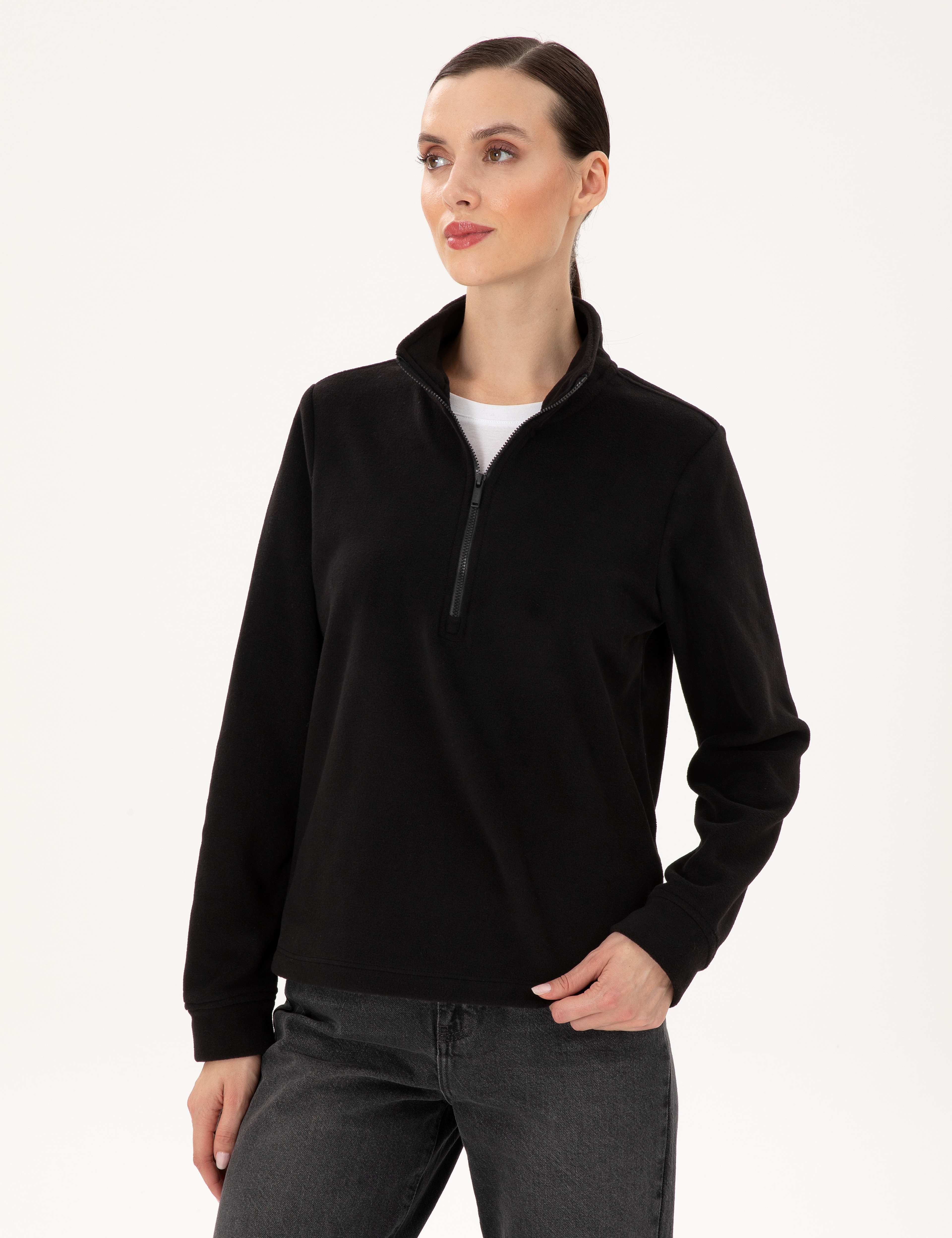 Siyah Comfort Fit Fermuarlı Polar Sweatshirt - Image 1