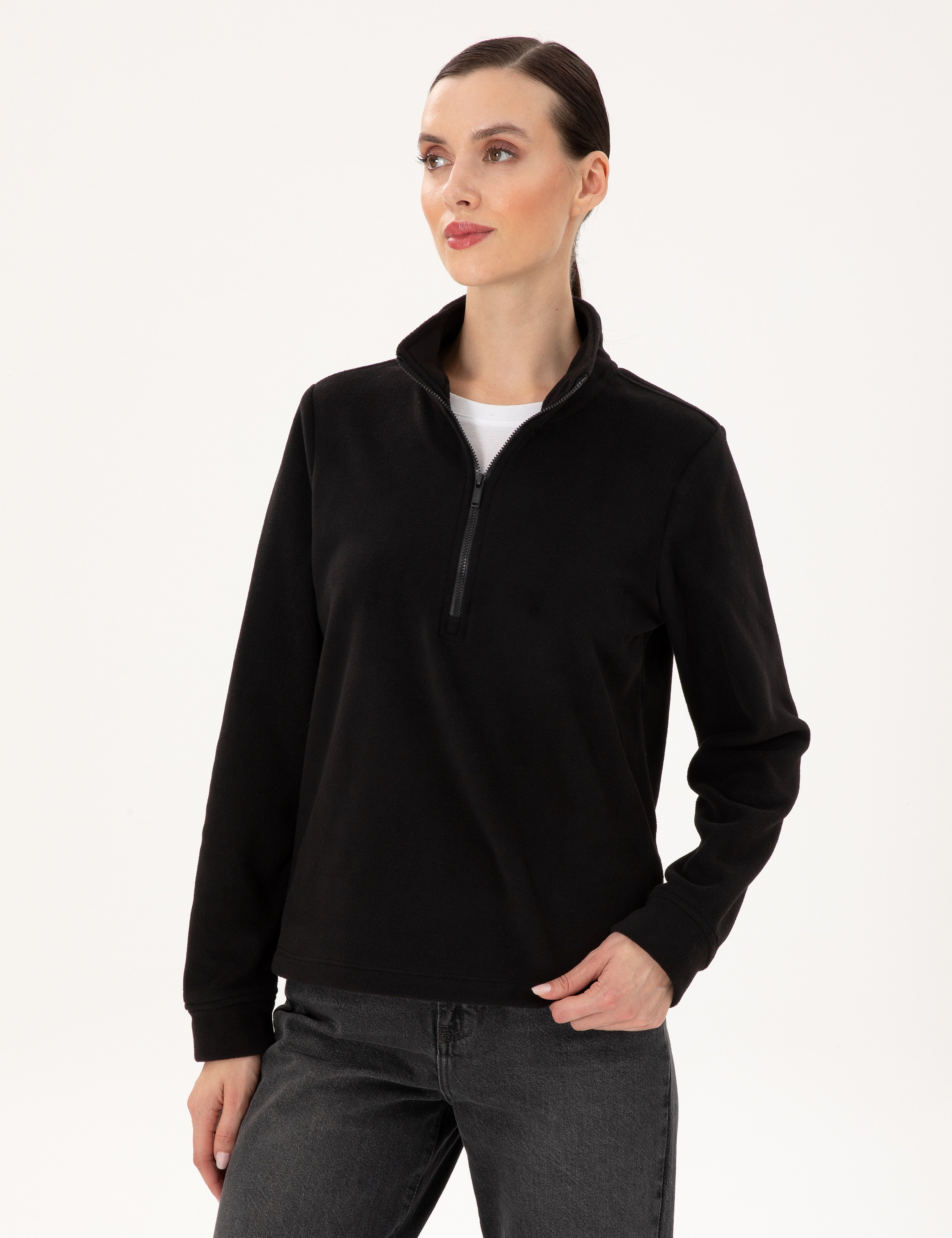 Siyah Comfort Fit Fermuarlı Polar Sweatshirt