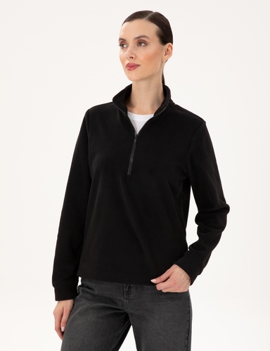 Siyah Comfort Fit Fermuarlı Polar Sweatshirt