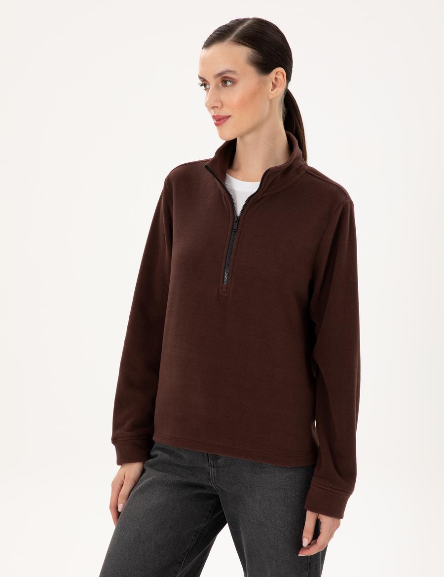 Kahverengi Comfort Fit Fermuarlı Polar Sweatshirt