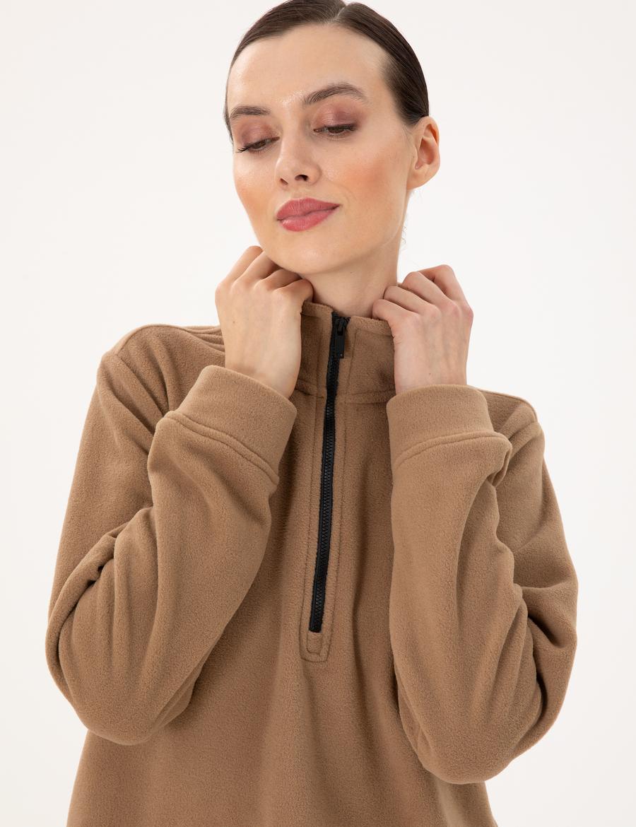 Camel Comfort Fit Fermuarlı Polar Sweatshirt