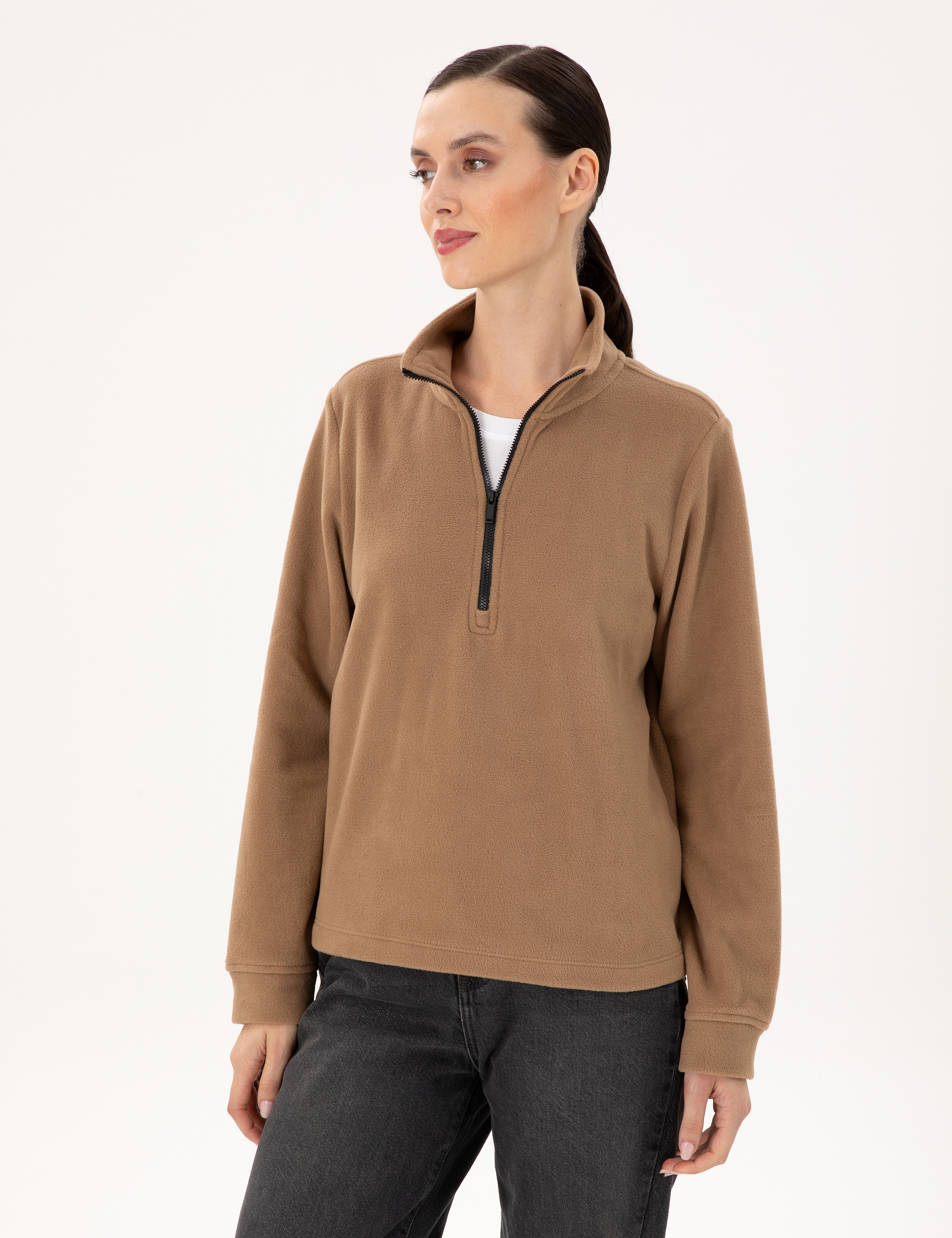 Camel Comfort Fit Fermuarlı Polar Sweatshirt - Image 1